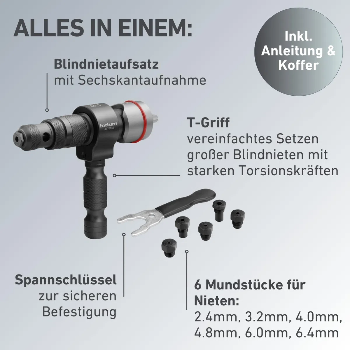 Nietaufsatz für Akkuschrauber & Bohrmaschine I Nietgerät für Blindnieten aus Alu, Kupfer, Stahl & Edelstahl I Blindnietvorsatz für 2,4-6,4 mm Nieten I Nietpistole Adapter