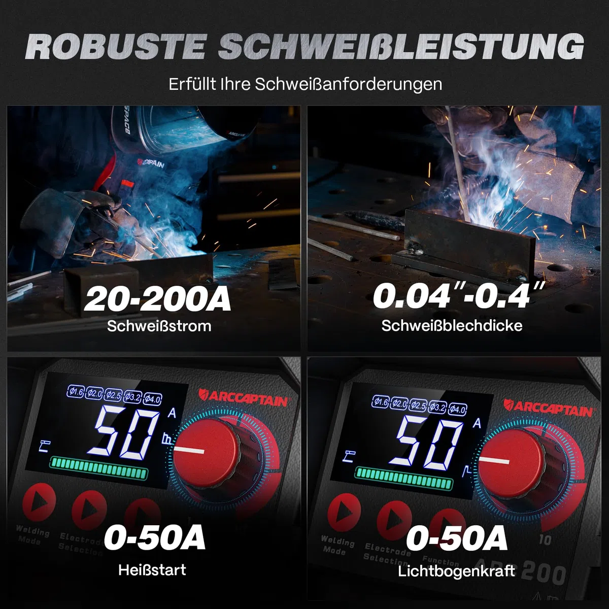 ARCCAPTAIN Schweißgerät ARC 200A mit LED-Anzeige SYN Steuerung, Elektroden Schweißgerät Stützen mit Lift TIG, Inverter Schweißgerät MMA IGBT, Tragbar und kompakt, Anti-Stick, Überhitzungsschutz