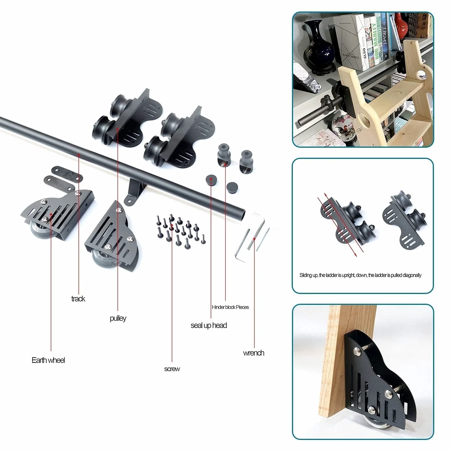 Retactable Rolling Ladder Hardware Library Slide Ladder Hardware Kit, Black Steel Rolling Library Leiter Hardware, Home/Office/Bibliothek Scheune Style Sliding Track Kit