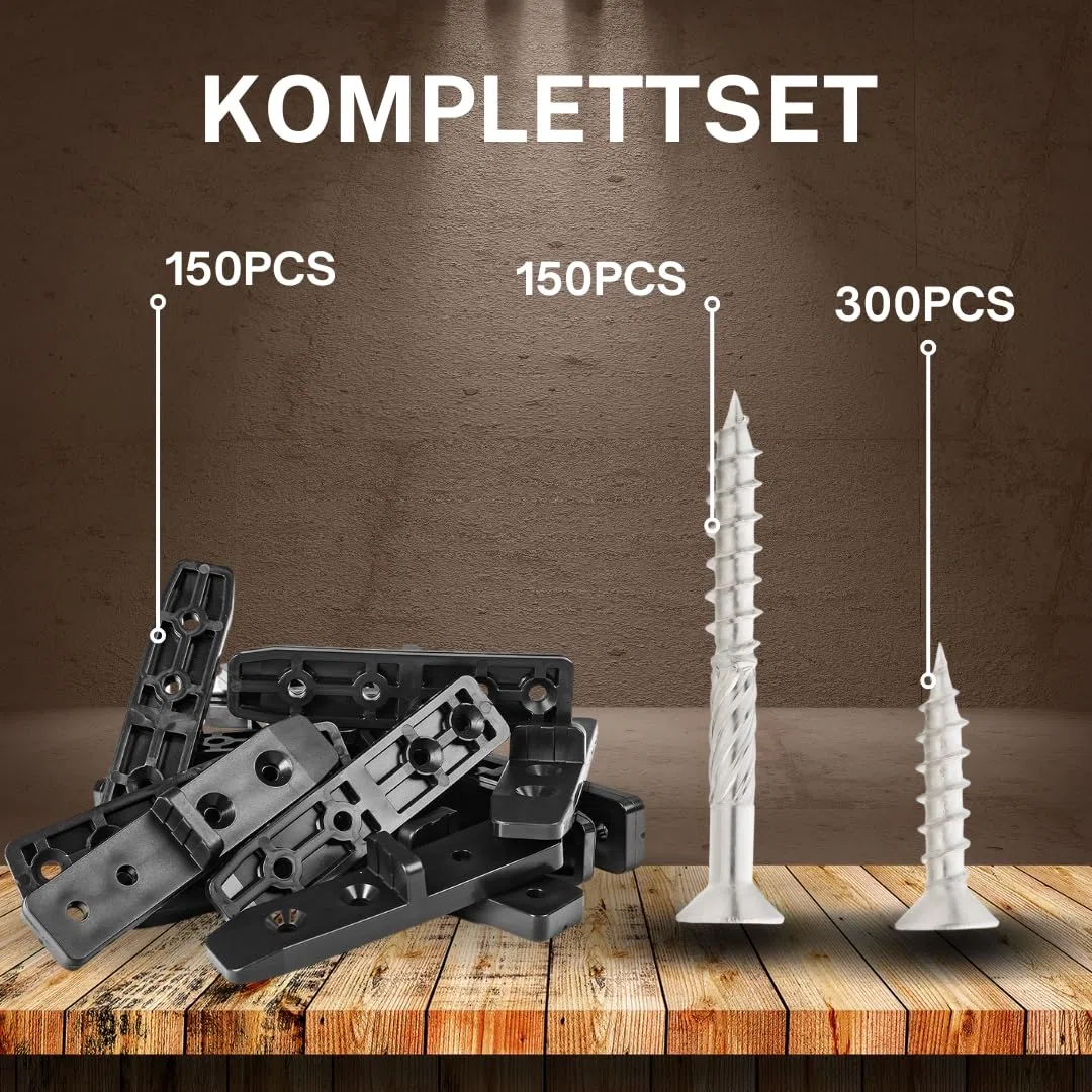 TEVOTECH Terrassenverbinder Set (150 Stück) inkl. Edelstahlschrauben – Unsichtbare Befestigung für Holz-Terrassendielen – Kunststoffclips mit Abstandshalter