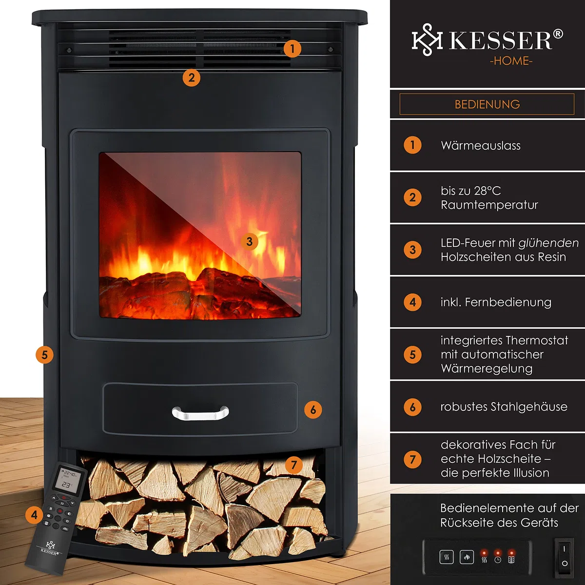 KESSER® Prio Elektrokamin mit Heizung Heizlüfter Fernbedienung WiFi App 950/1900 W Kamin elektrisch LED-Flammeneffekt Kaminfeuer mit Thermostat Panorama-Sichtfenster Heizfunktion Timer