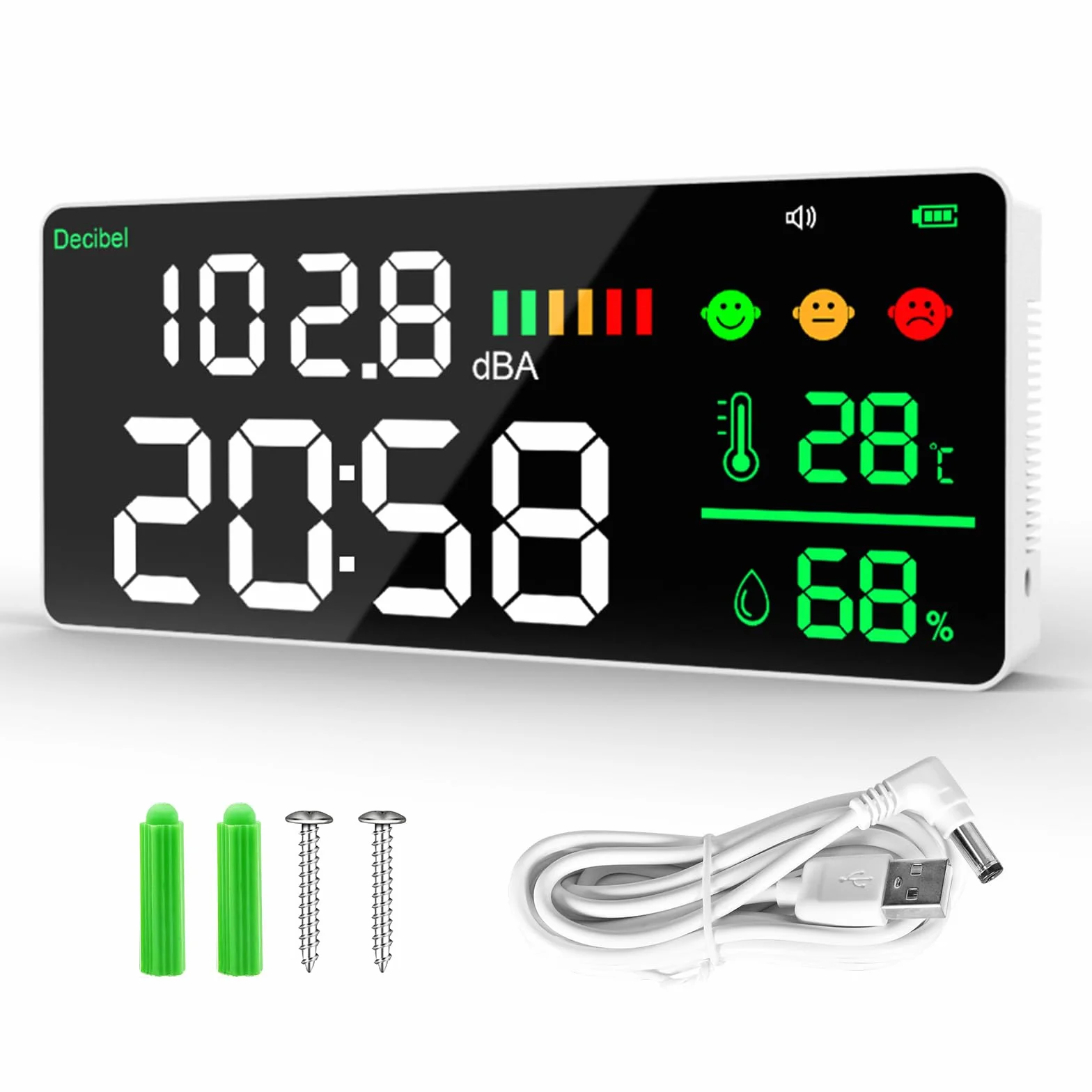Schallpegelmesser Dezibel Messgerät LED-Bildschirm Helligkeitsanpassung 30-130dBA Bereich 4-in-1 Lärm, Zeit, Temperatur und Luftfeuchtigkeit Geeignet für Haus, Büro, etc