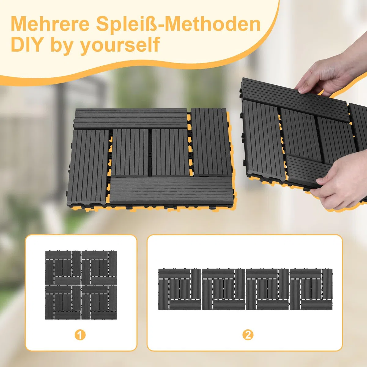Fiqops 10 Stück WPC Terrassenfliesen, 30x30 cm WPC Fliesen,Balkon Bodenfliese mit Klick-System,Balkonfliesen in Holzoptik,Terrassendielen Wasserfest für Terrasse,für 10m²,Anthrazit