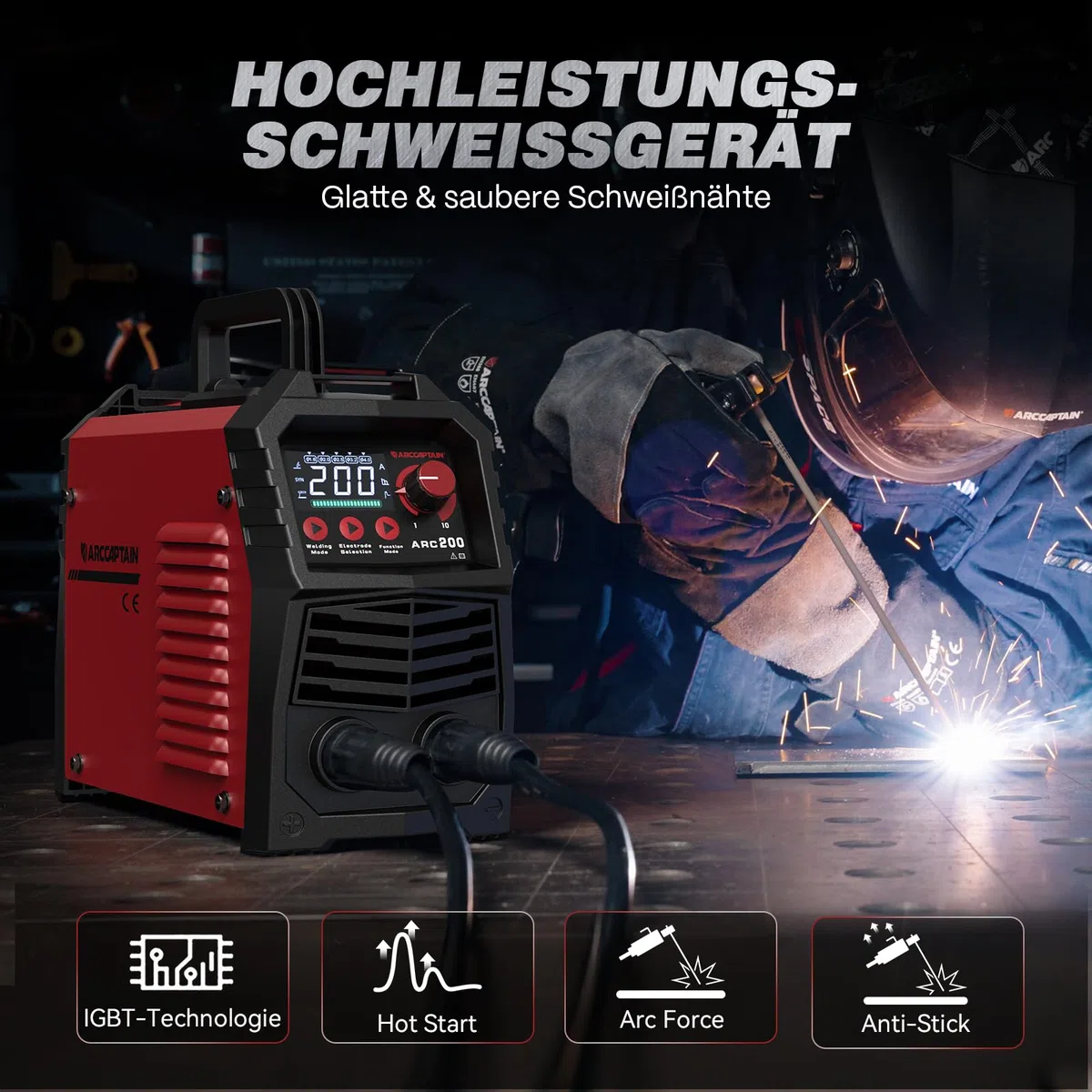 ARCCAPTAIN Schweißgerät ARC 200A mit LED-Anzeige SYN Steuerung, Elektroden Schweißgerät Stützen mit Lift TIG, Inverter Schweißgerät MMA IGBT, Tragbar und kompakt, Anti-Stick, Überhitzungsschutz