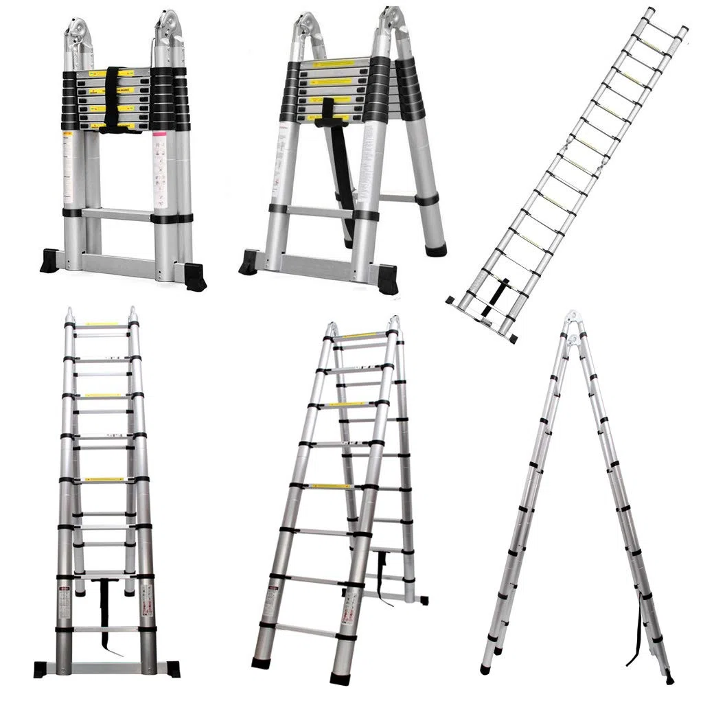 5M Teleskopleiter Alu Leiter Ausziehbare Klappleiter 2.5M + 2.5M Teleskop Leiter mit Stabilisator, Hohe Mehrzweckleiter, 150 kg Belastbarkeit