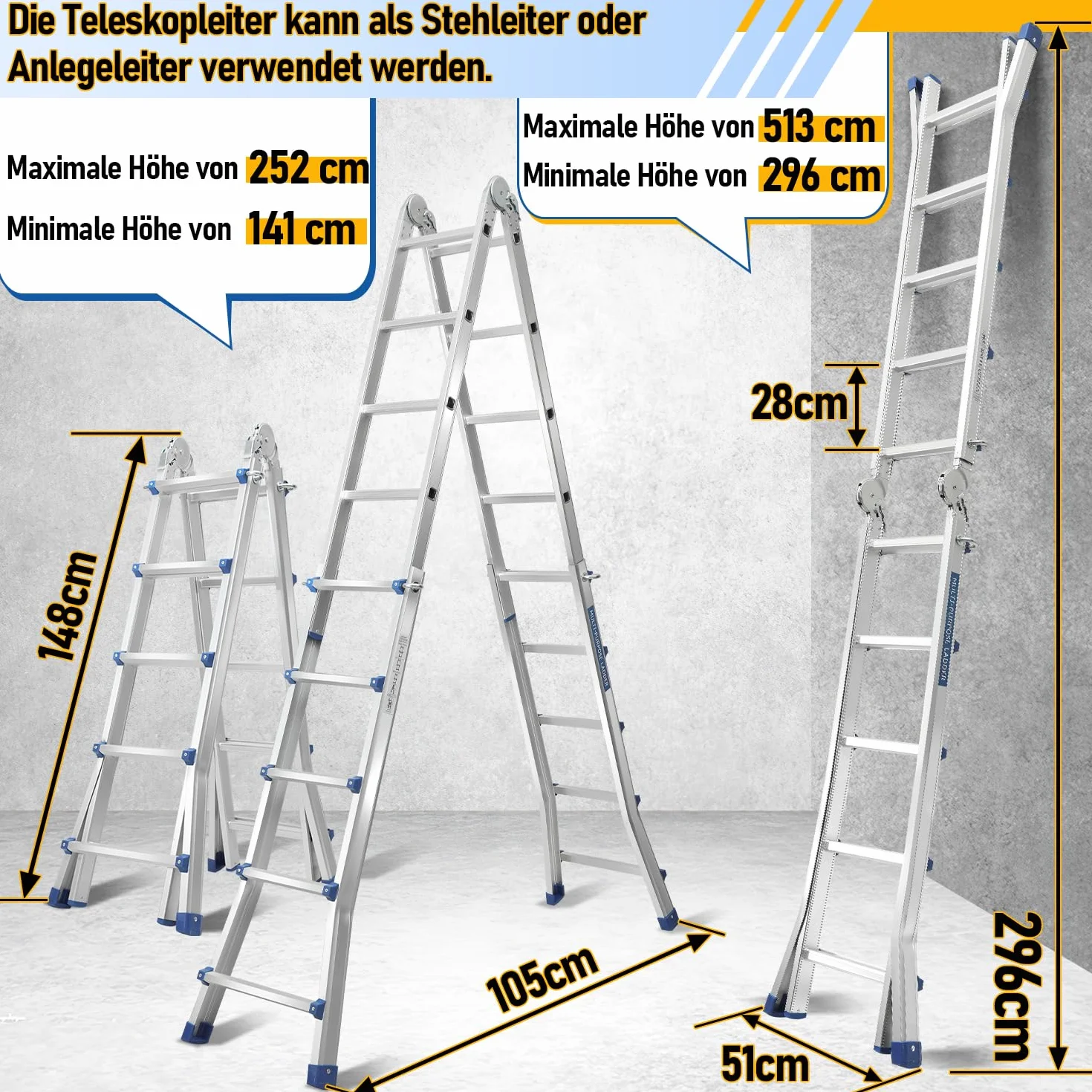 Aluleiter Mehrzweckleiter, 513CM 4x5 Sprossen Teleskopleiter, 4 in 1 Klappleiter 150 kg Belastbarkeit, Bockleiter Schiebeleiter, Beidseitige Steh und Treppenleiter