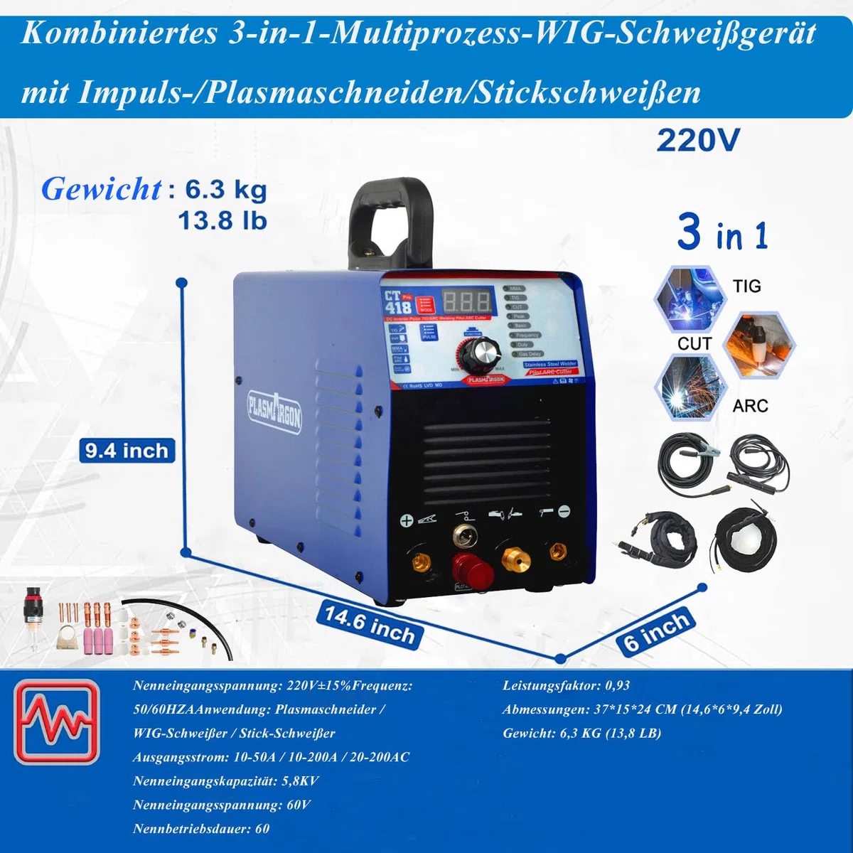 3 in 1 Combo Pilot Arc Plasmaschneider WIG Schweißgerät MMA Wechselrichter Kombischweißgerät Plasmaschneider TIG MMA | IGBT | Digitale LCD Anzeige | HF-Zündung CT418P