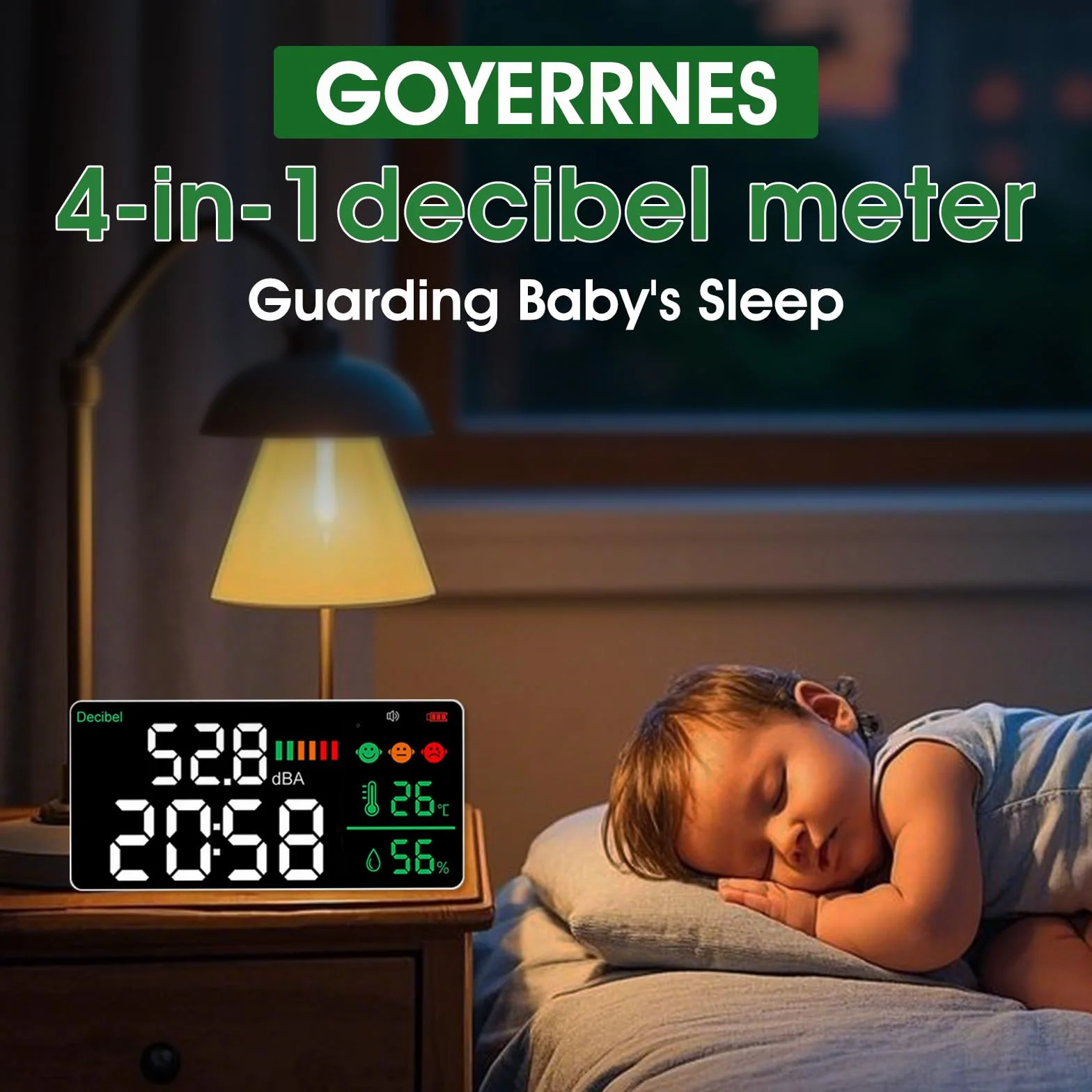 Schallpegelmesser Dezibel Messgerät LED-Bildschirm Helligkeitsanpassung 30-130dBA Bereich 4-in-1 Lärm, Zeit, Temperatur und Luftfeuchtigkeit Geeignet für Haus, Büro, etc