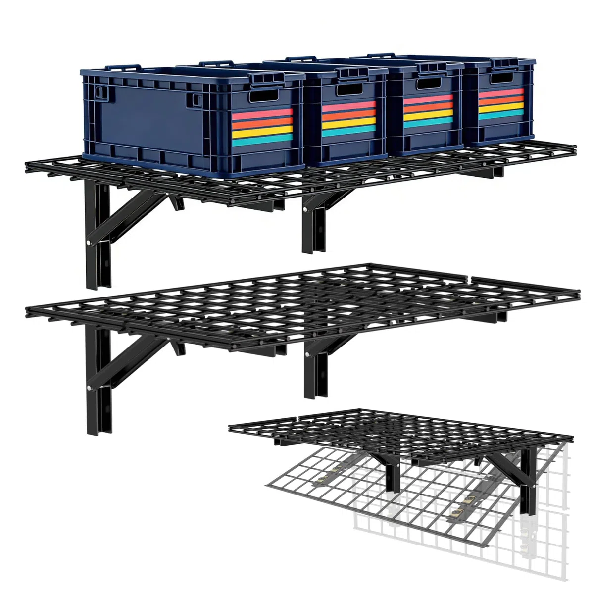 AIRAJ Garagenregal klappbar 91x60 cm (2x3FT), 2 Stück, Schwerlast-Wandregal aus Metall, Tragfähigkeit 363 kg, für Garage, Werkstatt, Garten, Lager – Schwarz
