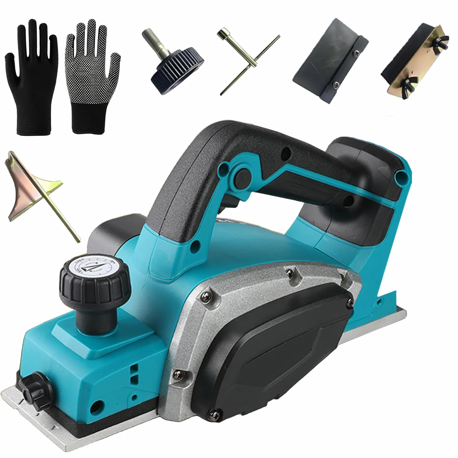 Akku Hobel mit Handschuhe Kompatibel mit Makita 18V, Kabellose Elektrische Hand-Planer Randhobel, 16500 U/min, 82mm Hobelbreite, 0-2mm Tiefeneinstellung für Holzbearbeitung (ohne Batterie)