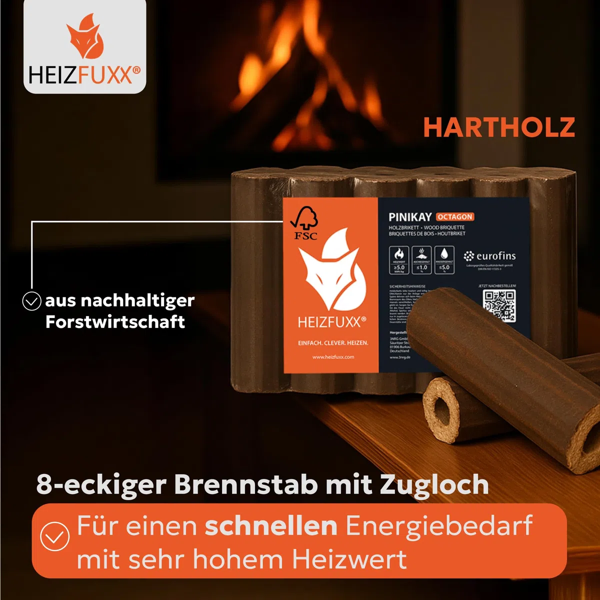 HEIZFUXX Holzbriketts PiniKay Octagon - Hartholzbriketts Palette 960 kg (96x10 kg) - Briketts mit Zugloch für Kamin, Heizkessel & Ofen - Schnell entzündbar, hoher Heizwert & geringer Aschegehalt