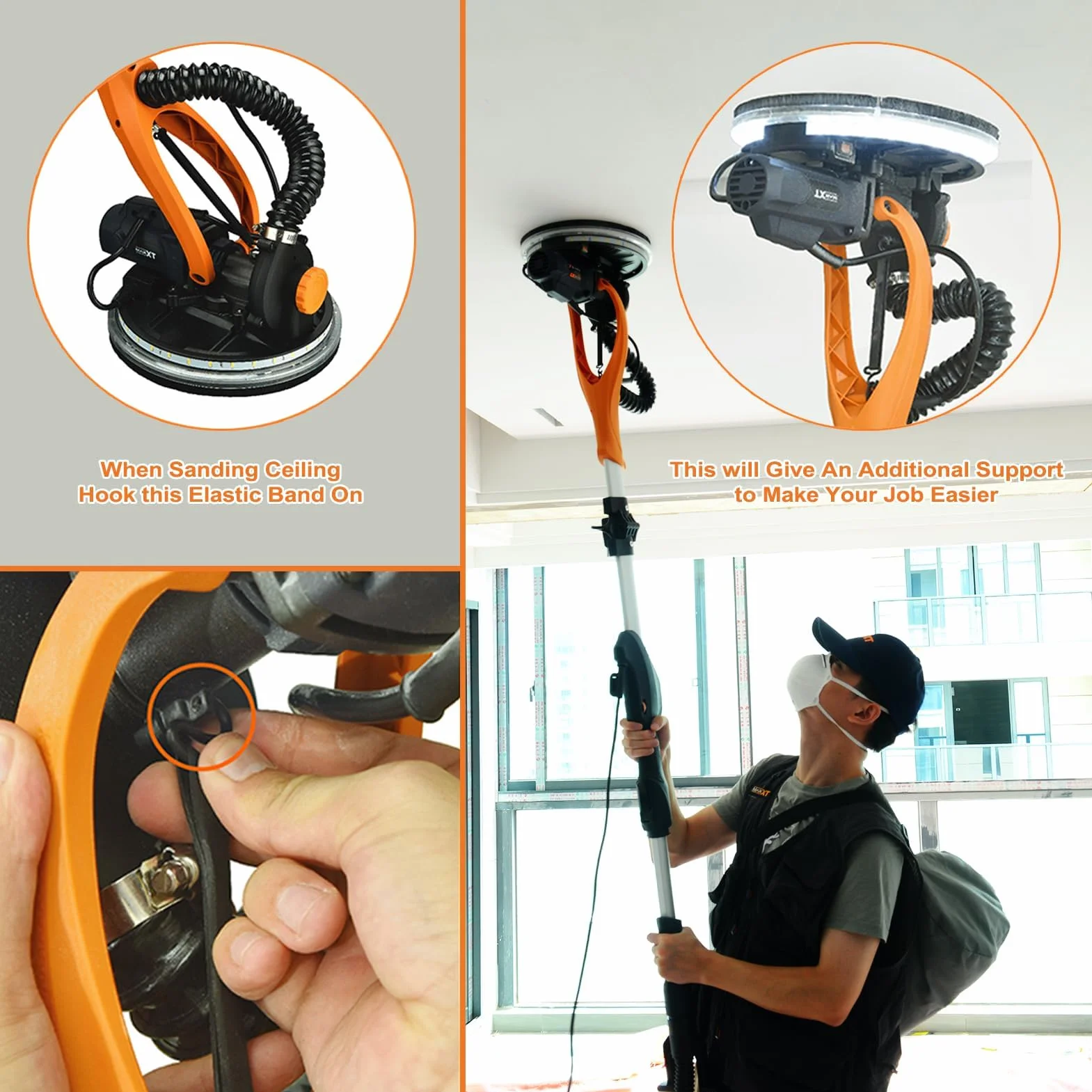 MAXXT 820W Trockenbauschleifer mit Ring-LED-Beleuchtung | Klappgriff + Verlängerungsrohr(bis 165cm) | 215mm Schleifplatte & 225mm Schleifpapier | 600-1900 U/min | six dust bag