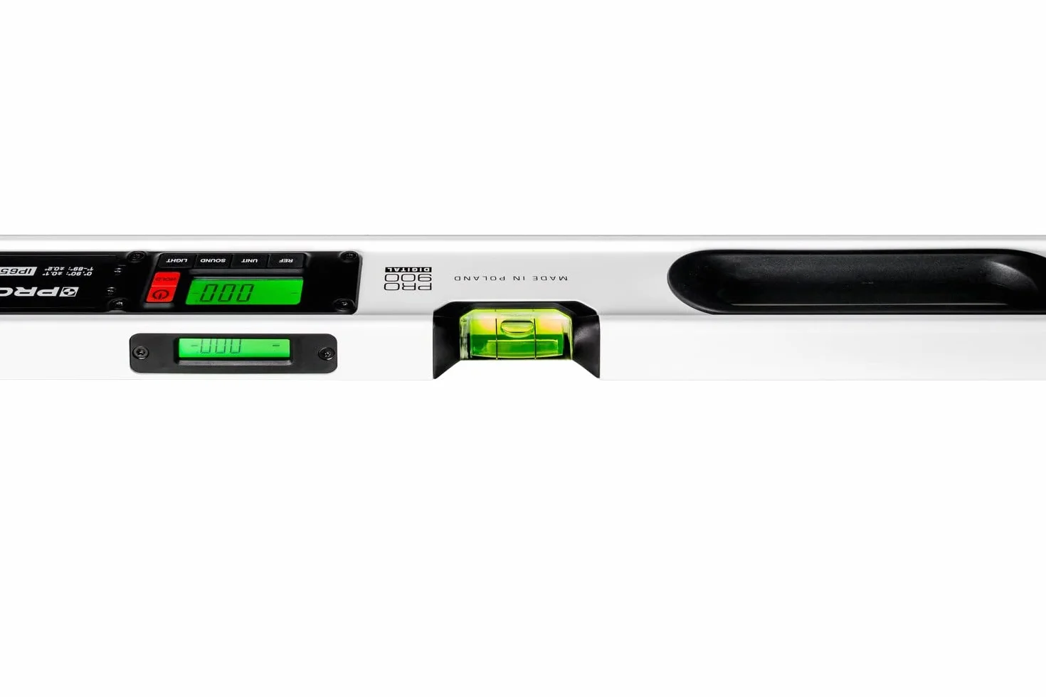 PRO900 Digitale Wasserwaage 100cm mit 2 LCD Displays und Abdeckung - Elektronische Wasserwaage mit Messwertspeicher für bis zu 19 Ergebnisse Schutzart IP65 - Farbe Weiß