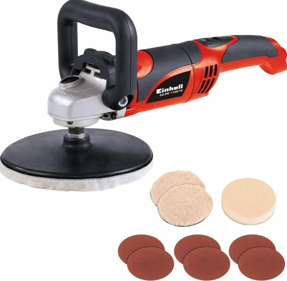 Einhell Polier- und Schleifmaschine CC-PO 1100/1E (1.100 W, bis 3.500 min-1, Drehzahlelektronik, Spindelarretierung, Kletthaftung, inkl. 1x Schaumstoffaufsatz, 2x Synthetikpolierhaube, Schleifpapiere)