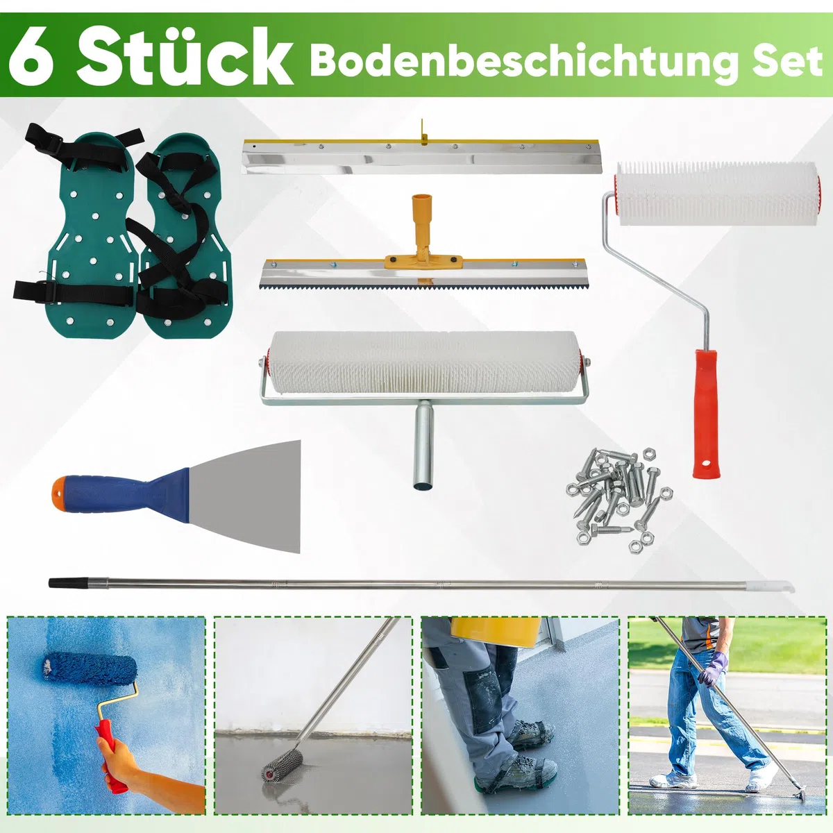 Bodenbeschichtungs-Set, verstellbarem Teleskopstiel von 42-162 cm, vertikalem Spachtel, 56 cm großflächiger Spachtel mit Nylonstollen und Roller, Reinigungsset für Wand- und Bodenbearbeitung