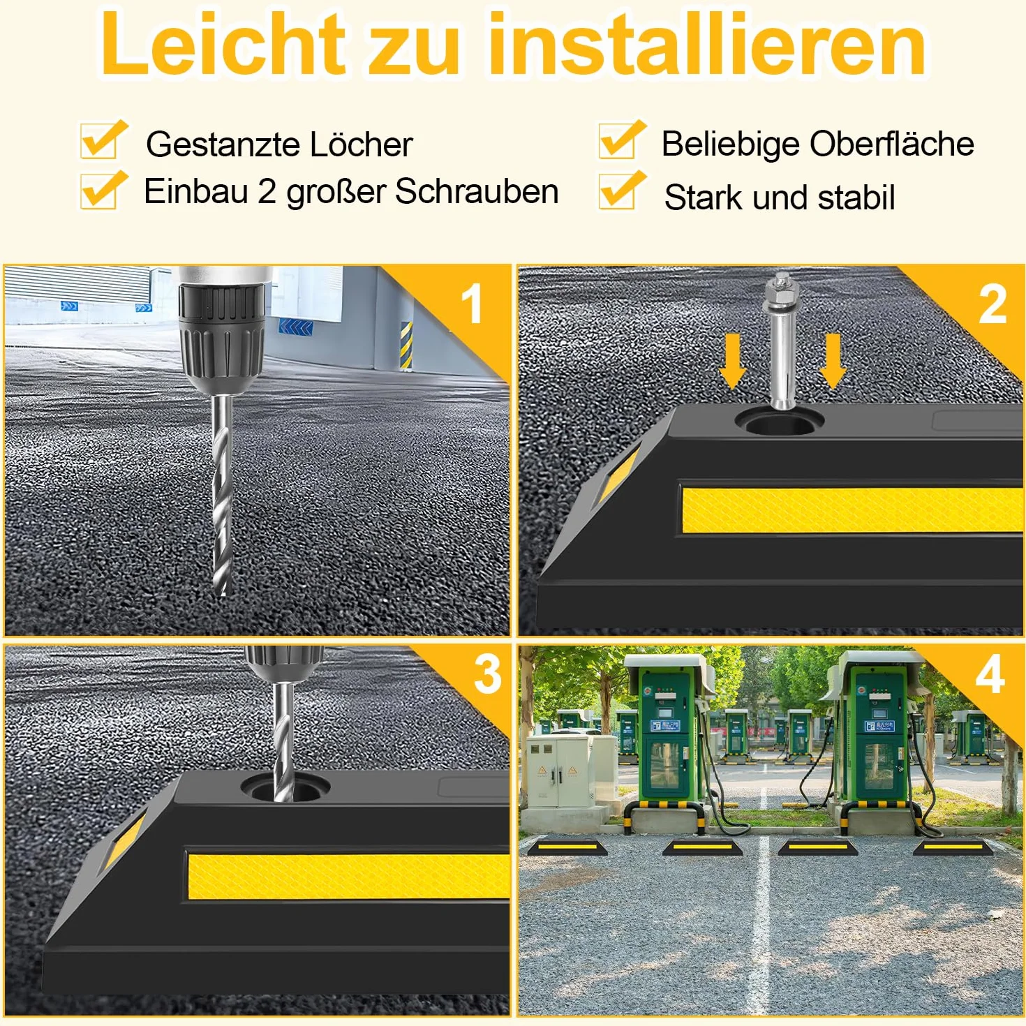 8 Stück Radstopper Parkplatzsperren Gummi Parkplatzbegrenzer Parkbegrenzung Parkplatzmarkierung Anfahrschutz mit Gelb Reflektierende Streifen für Garage und Parkplätze