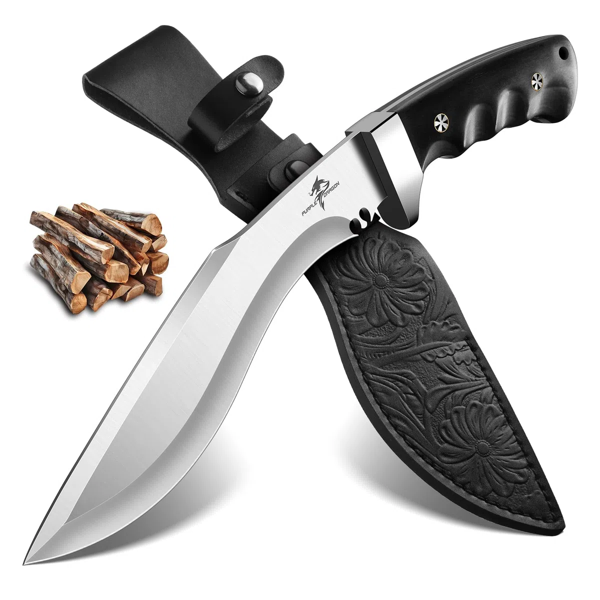Purple Dragon Großes Outdoor Messer - Feststehende Klinge mit Scheide - Scharfe Bushcraft Camping Messers mit Holzgriff - Full Tang Messers Survival, Geschenke für Männer