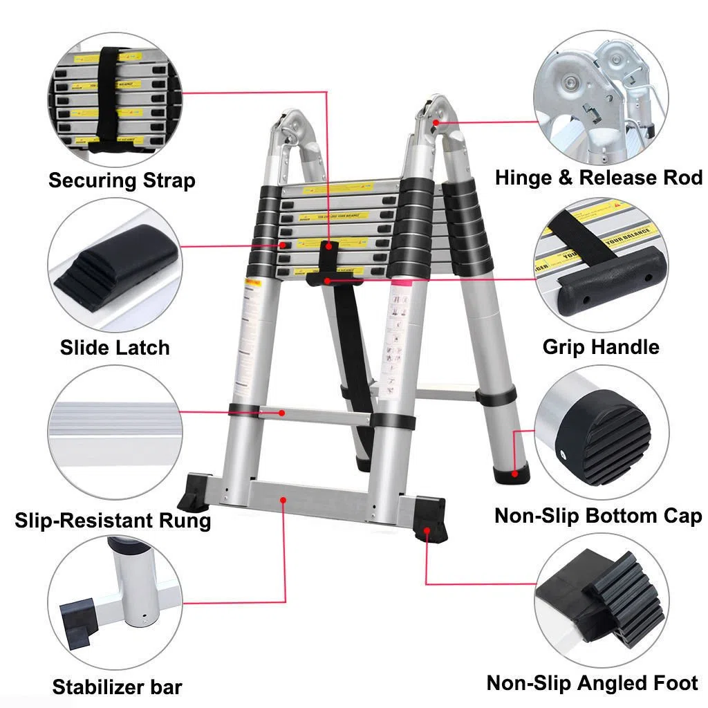 5M Teleskopleiter Alu Leiter Ausziehbare Klappleiter 2.5M + 2.5M Teleskop Leiter mit Stabilisator, Hohe Mehrzweckleiter, 150 kg Belastbarkeit