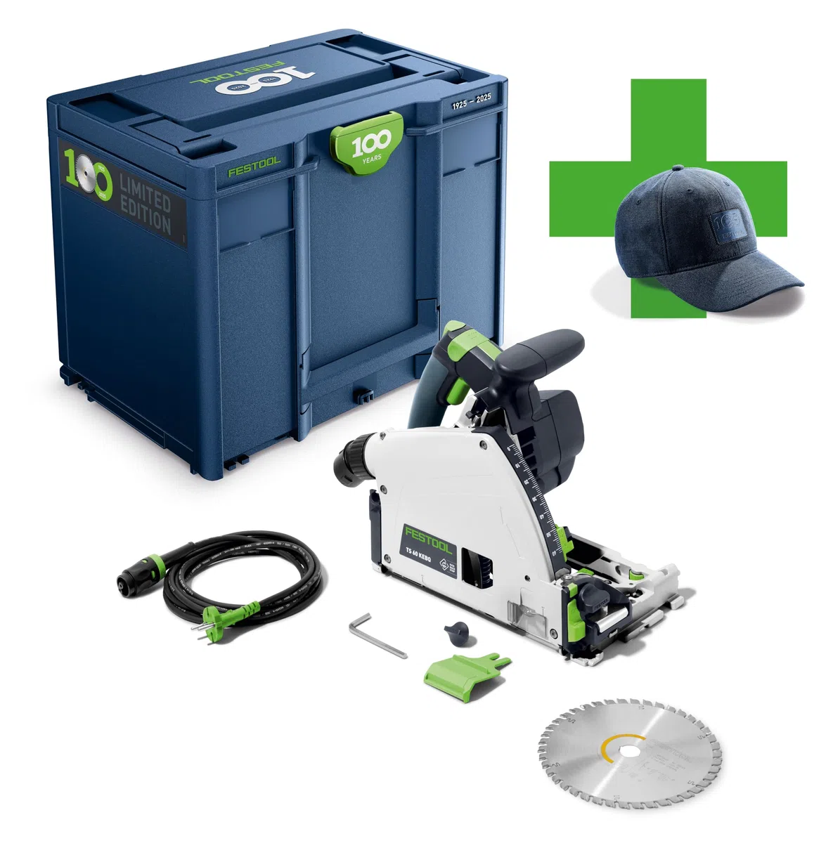 Festool Tauchsäge TS 60 KEBQ-Plus 100Y Limited Edition | Mit KickbackStop, EC-TEC Motor & Kappschienen-Kombination - inklusive 100 Jahre Cap & Systainer SYS3 M 337