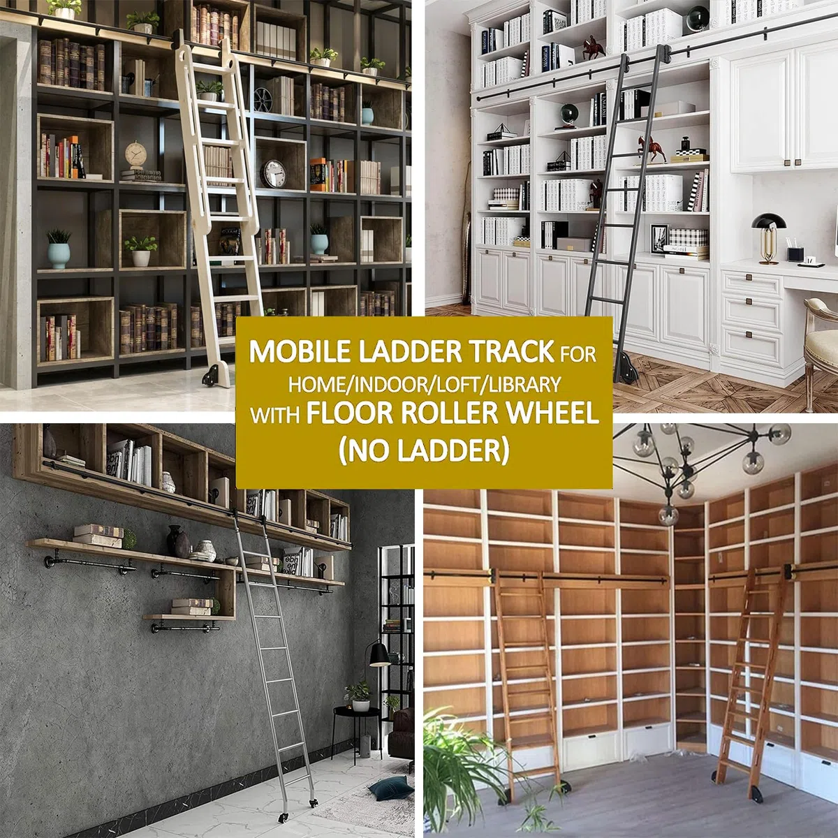 Generisch Rollleiter Vollset Für Bibliothek - Einziehbare Rollende Bibliotheksleiter Mit Bodenrolle Und Bremse Für Zuhause, Innenraum, Loft, Bibliothek (Keine Leiter)(Size:3.3ft/100cm Track Kit)