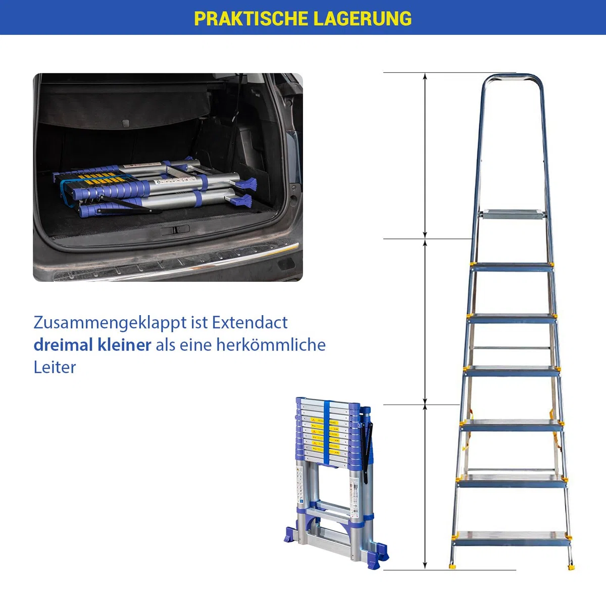 HOSTRÖM Teleskop-Trittleiter 12 Stufen EXTENDACT12, Teleskopleiter 3,5m+3,2m, Faltbare Trittleiter, Stabilisator, Max. Arbeitshöhe 5m, 5 Jahre Garantie
