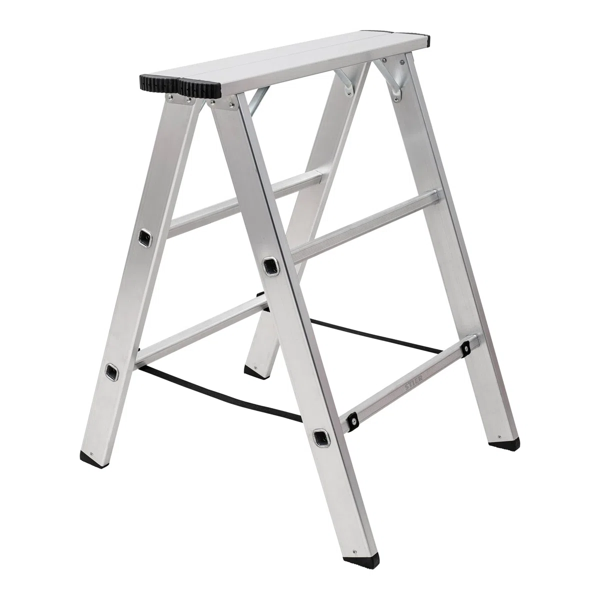 STIER Aluminiumbock, mit einer Tragfähigkeit von 150kg, 75 cm breit, 80 cm hoch, Arbeitsbock, Unterstellbock, Montagebock, Klappbock, verzinkte Scharniere, Nylongurte zur Absicherung