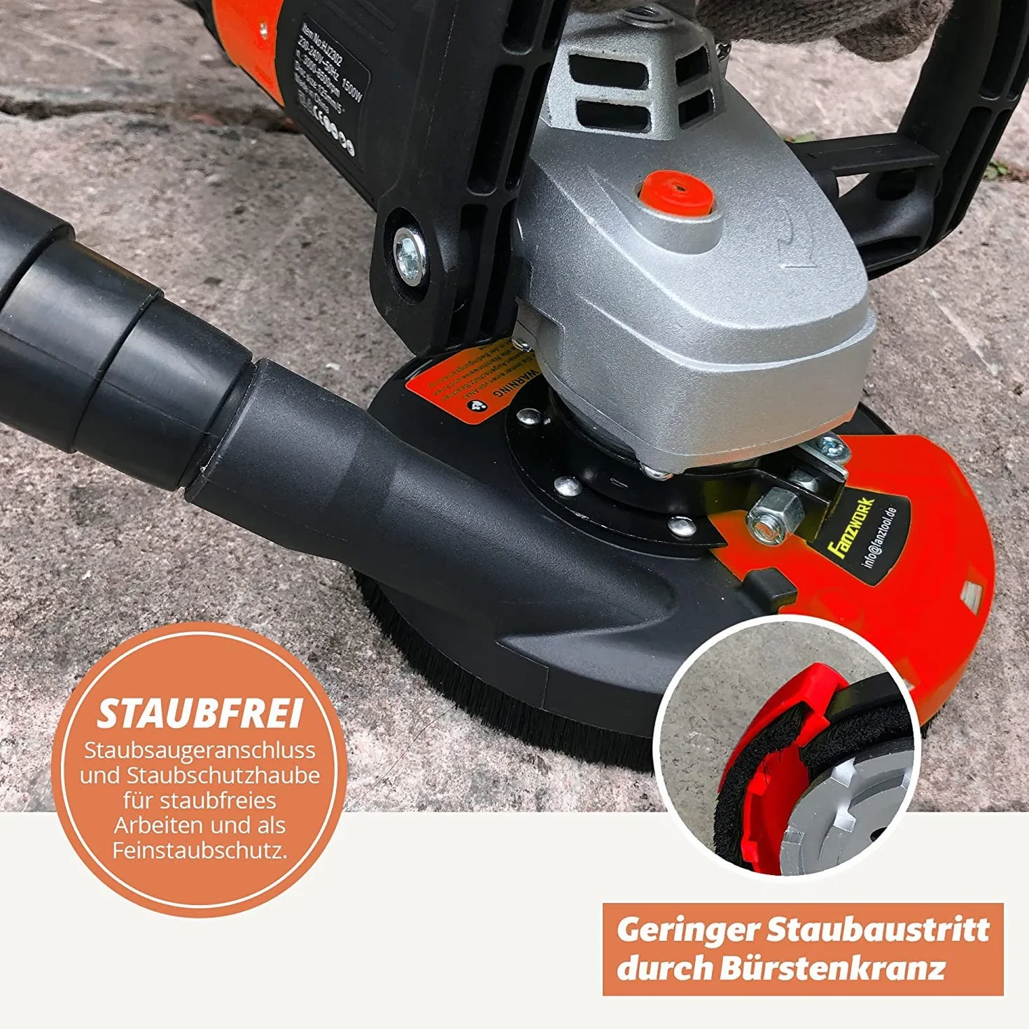 FANZWORK Betonschleifer Betonfräse Sanierungsfräse Set mit Diamantschleiftopf und Absaughaube, mit Drehzahlregelung (1500W/125mm+)