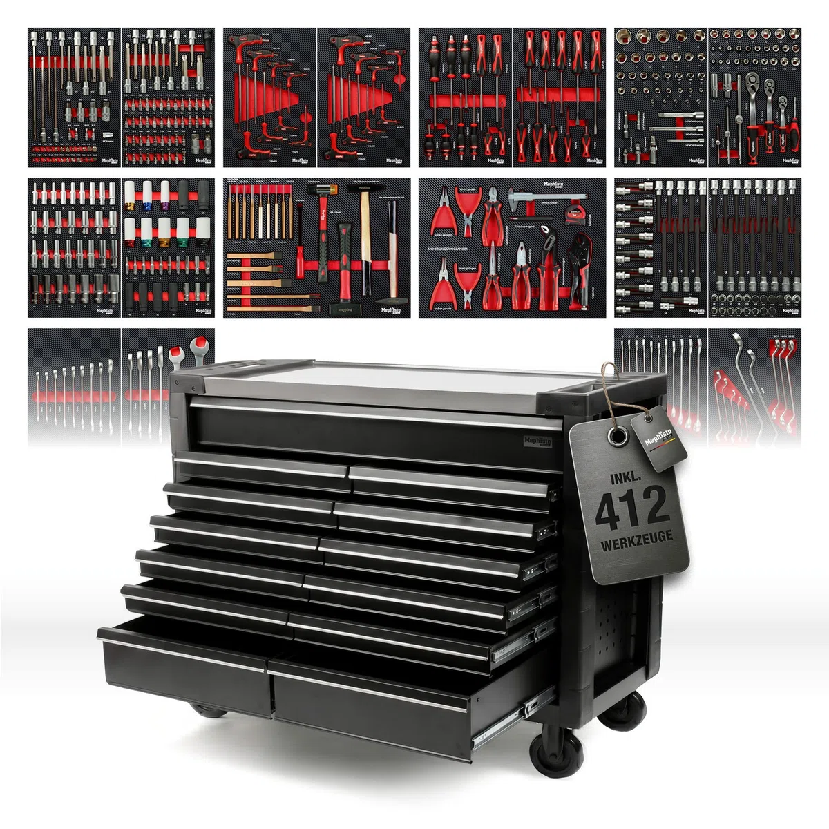 Mephisto Pro-Line Werkzeugwagen Werkstattwagen Double Full Black gefüllt mit 13 Schubfächern inkl. Werkzeug wie VDE Zangen, Steckschlüssel, Ratschen in Soft Inlays in Carbon Lock