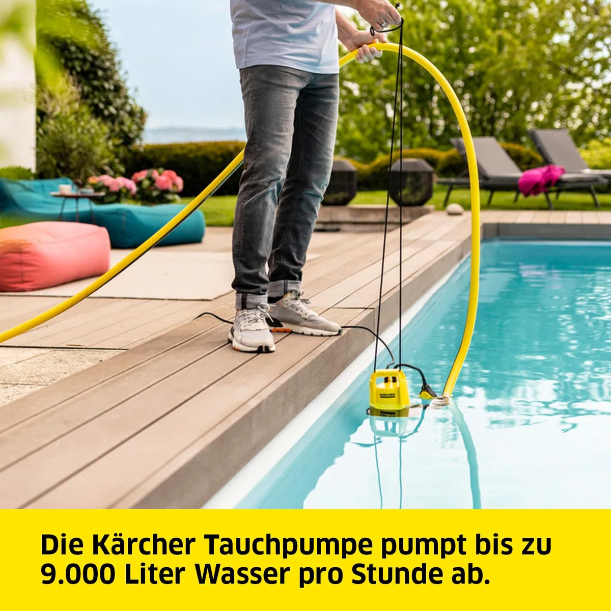 Kärcher SP 9.000 Flat flachsaugende Tauchpumpe, Fördermenge: 9.000 l/h, Eintauchtiefe: max. 7 m, für Schmutzwasser mit Partikeln bis zu einer Größe von 5 mm, Restwasserhöhe: 1 mm, Druck: 0,6 bar