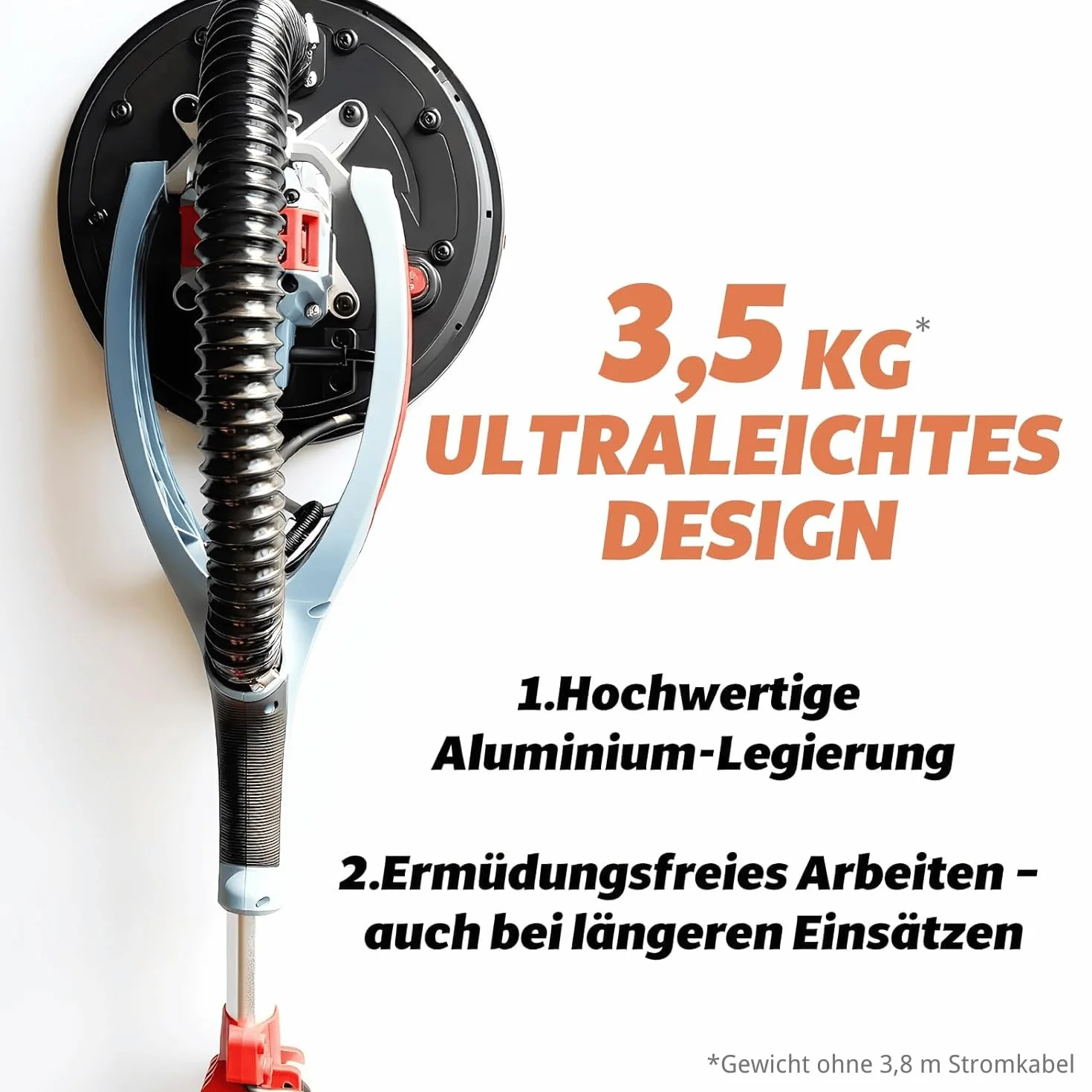 FANZWORK Trockenbauschleifer mit Bürstenlosem EC-Motor 900W, ULTRA-Leicht, 225mm Schleifgiraffe, bis 2300 U/min, Länge bis 1,9m, inkl. LED, 3,8m Kabel, Schleifscheiben, Sauger-Adapter, Tragkoffer