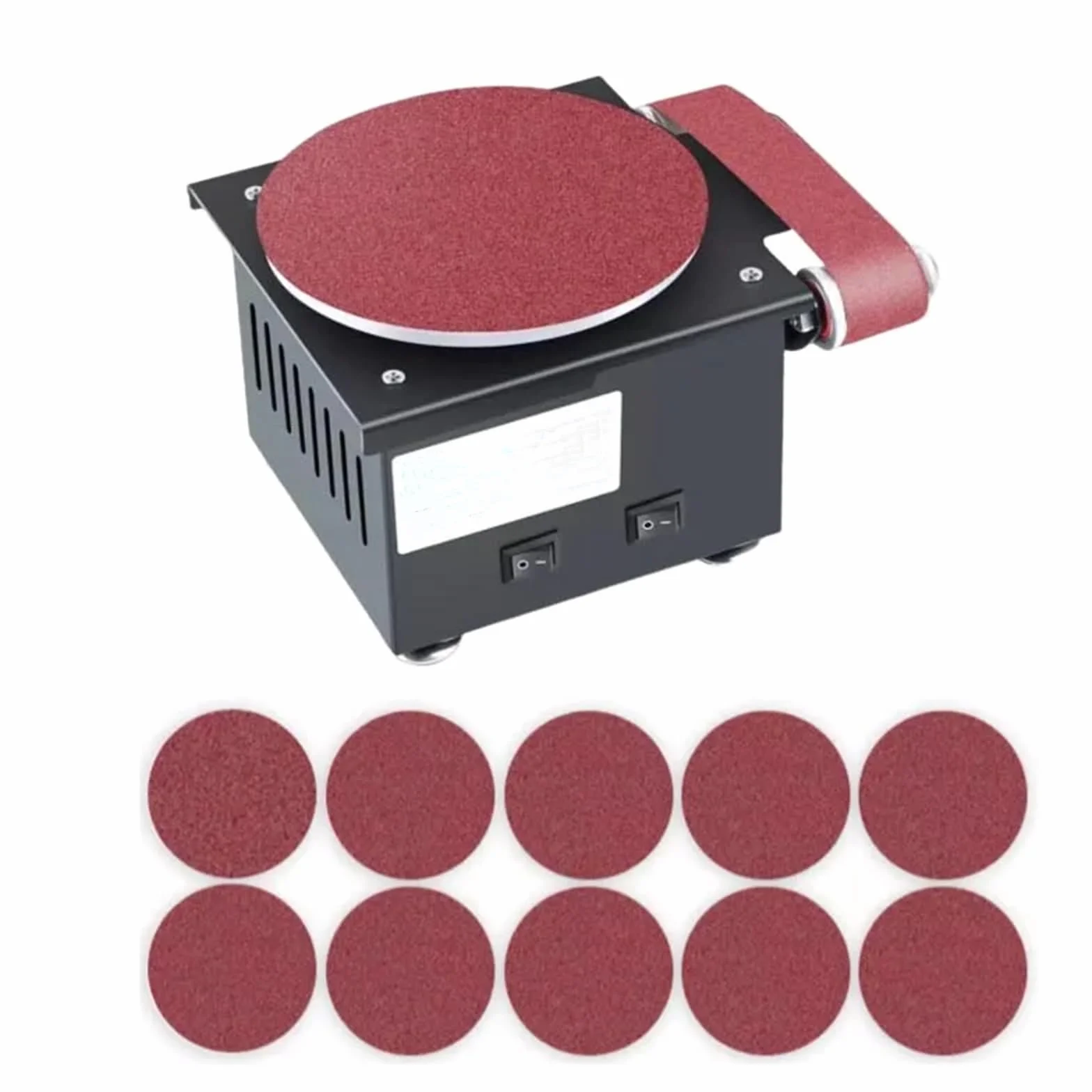 Bandschleifer, 350W Band Tellerschleifer Tisch Scheibenschleifer Durchmesser Schleiftellers 150mm 10 Tellerschleifpapier 10 Schleifbändern 2 Rollen 6 Schleifband Geeignet Schleifen von Metall Holz