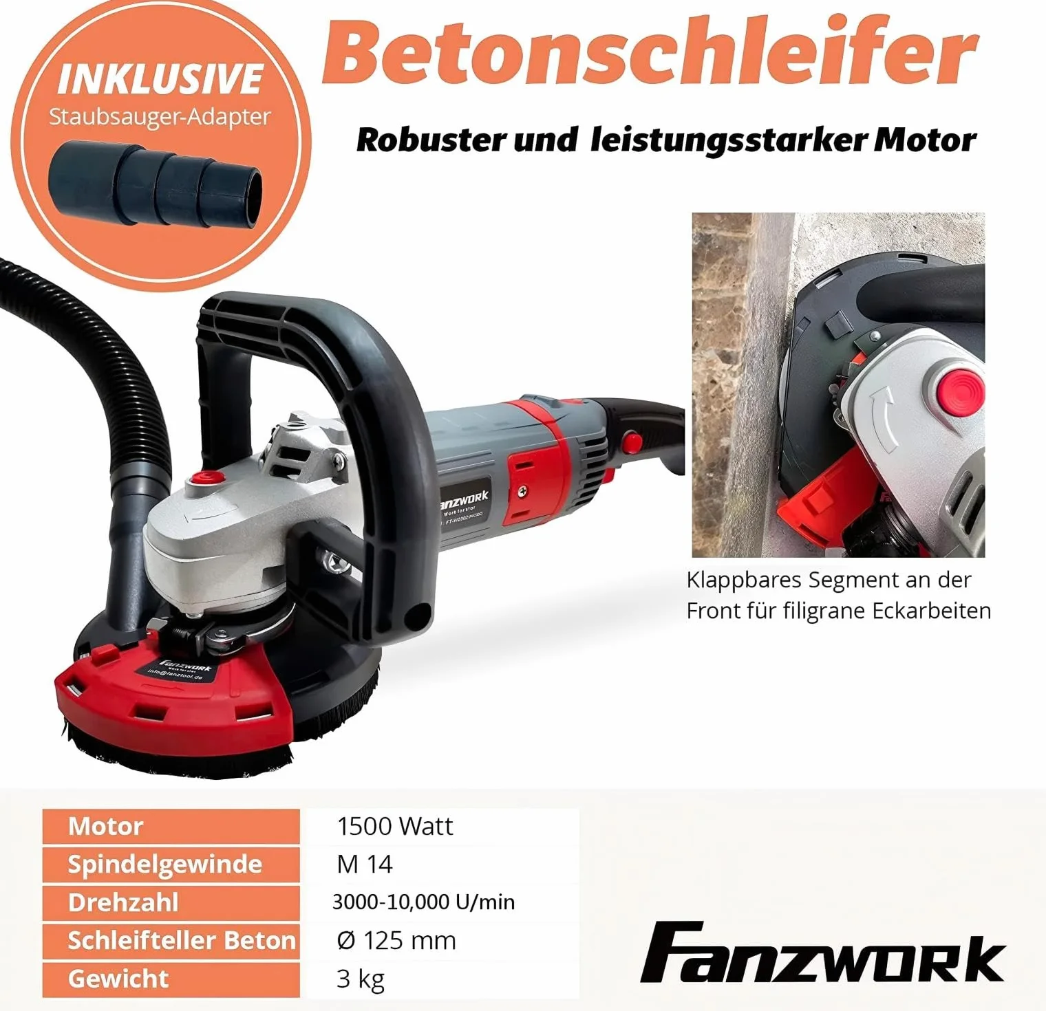 FANZWORK Betonschleifer Betonfräse Sanierungsfräse Set mit Diamantschleiftopf und Absaughaube, mit Drehzahlregelung (1500W/125mm+)