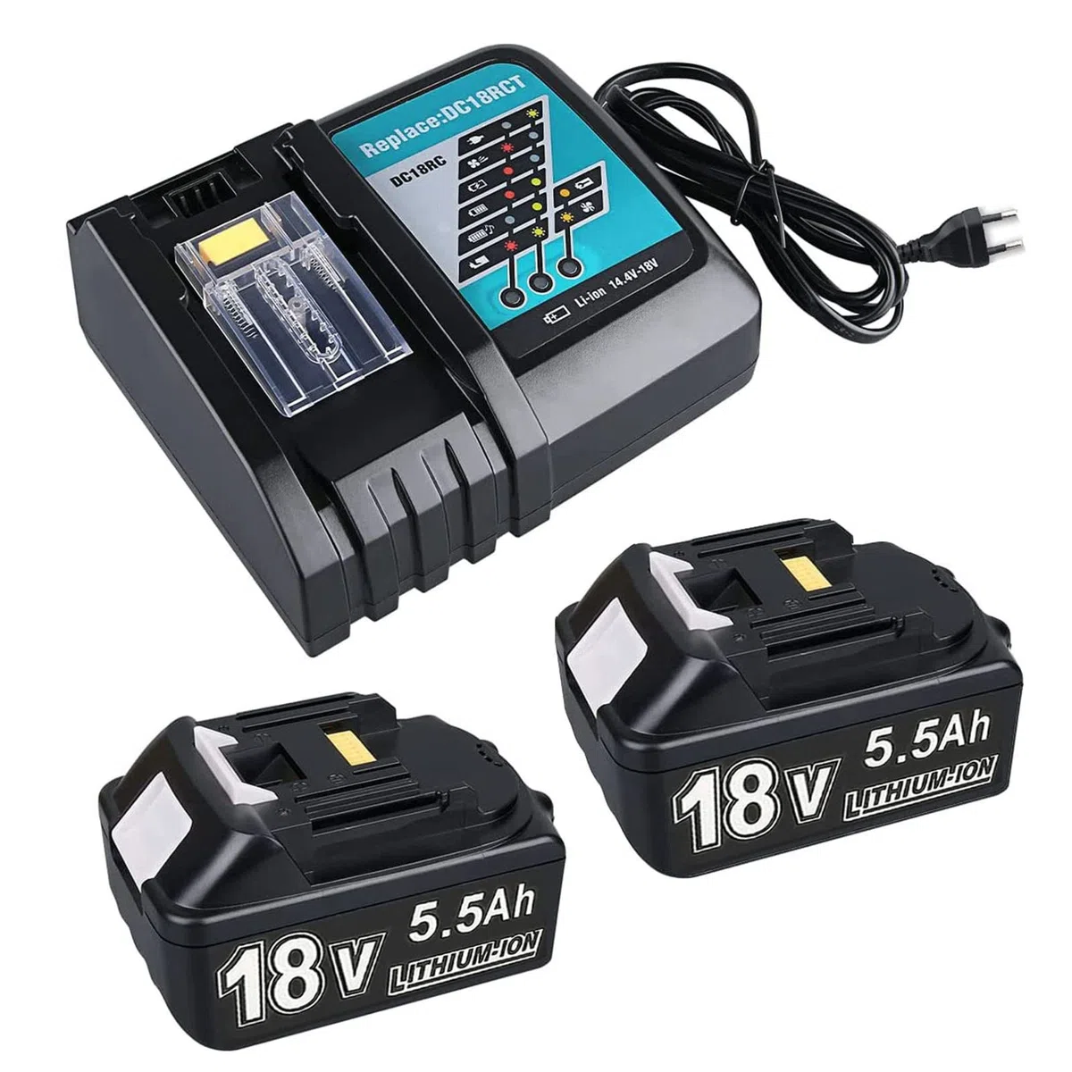 Ersatzakku für Makit Akku 18V 2X 5500mAh Ersatzakku Kompatibel mit 18V Akku mit DC18RC Ladegerät Kompatibel mit BL1860 BL1860B BL1850 BL1850B BL1840 BL1830 BL1820 LXT400
