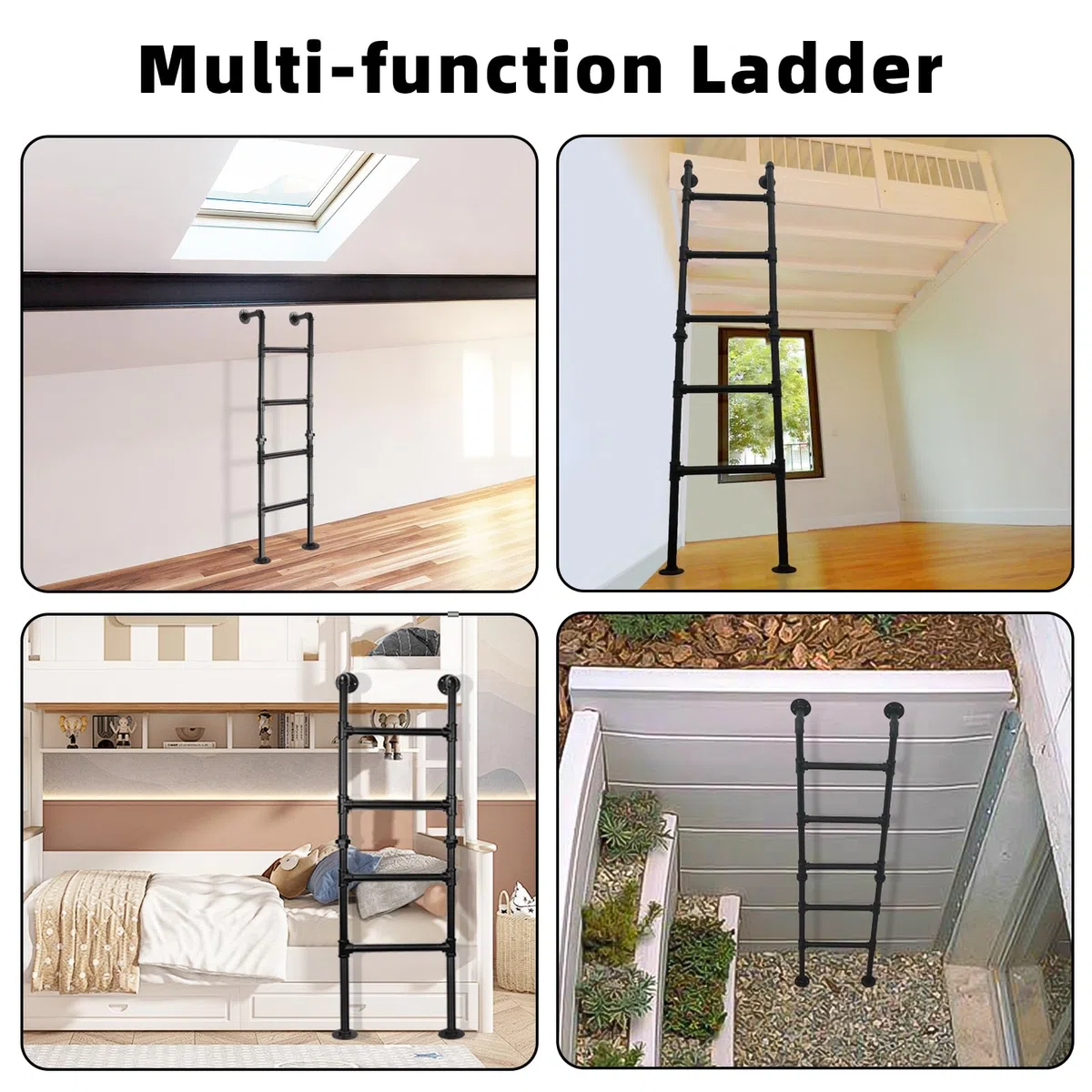 4-Sprossen Wandleiter aus schwarzem Metall, 146 cm/4.8FT, bis 150 kg belastbar, Wand- und Bodenmontage, Robuste Ausstiegsleiter für Etagenbett, Loft, Dachboden, und Kellerfensterschacht