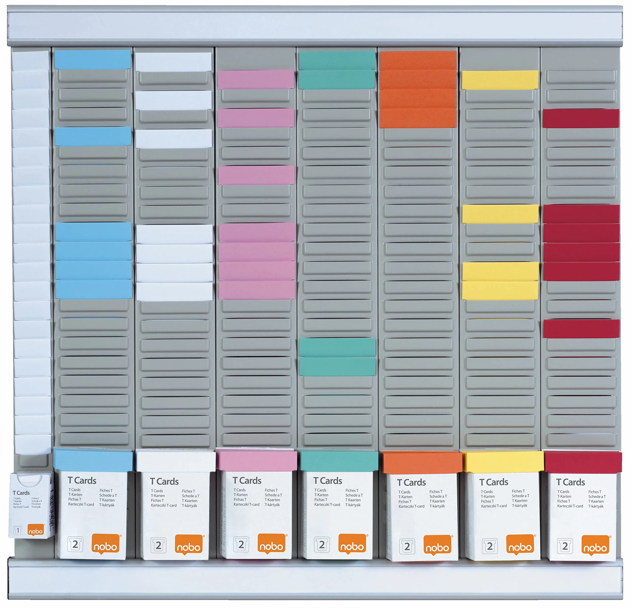 Nobo T-Karten Büro Planungsset, Wandmontage, Haftnotizen Set mit 7 Spalten & 24 Slots, Größe 2, inkl. T-Karten bunt & Indexspalte 2911080 & T-Karten Index 2, 100 Stück, weiß