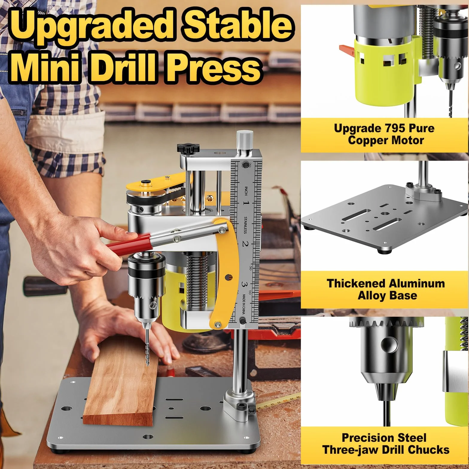 Yofuly Säulenbohrmaschine Mini-Bohrmaschine mit 7 Geschwindigkeiten, Mini Bank Tischbohrmaschine Drehzahlreglung Bankbohrmaschine für Holz, Metall und Kunststoff Electric Drill Press