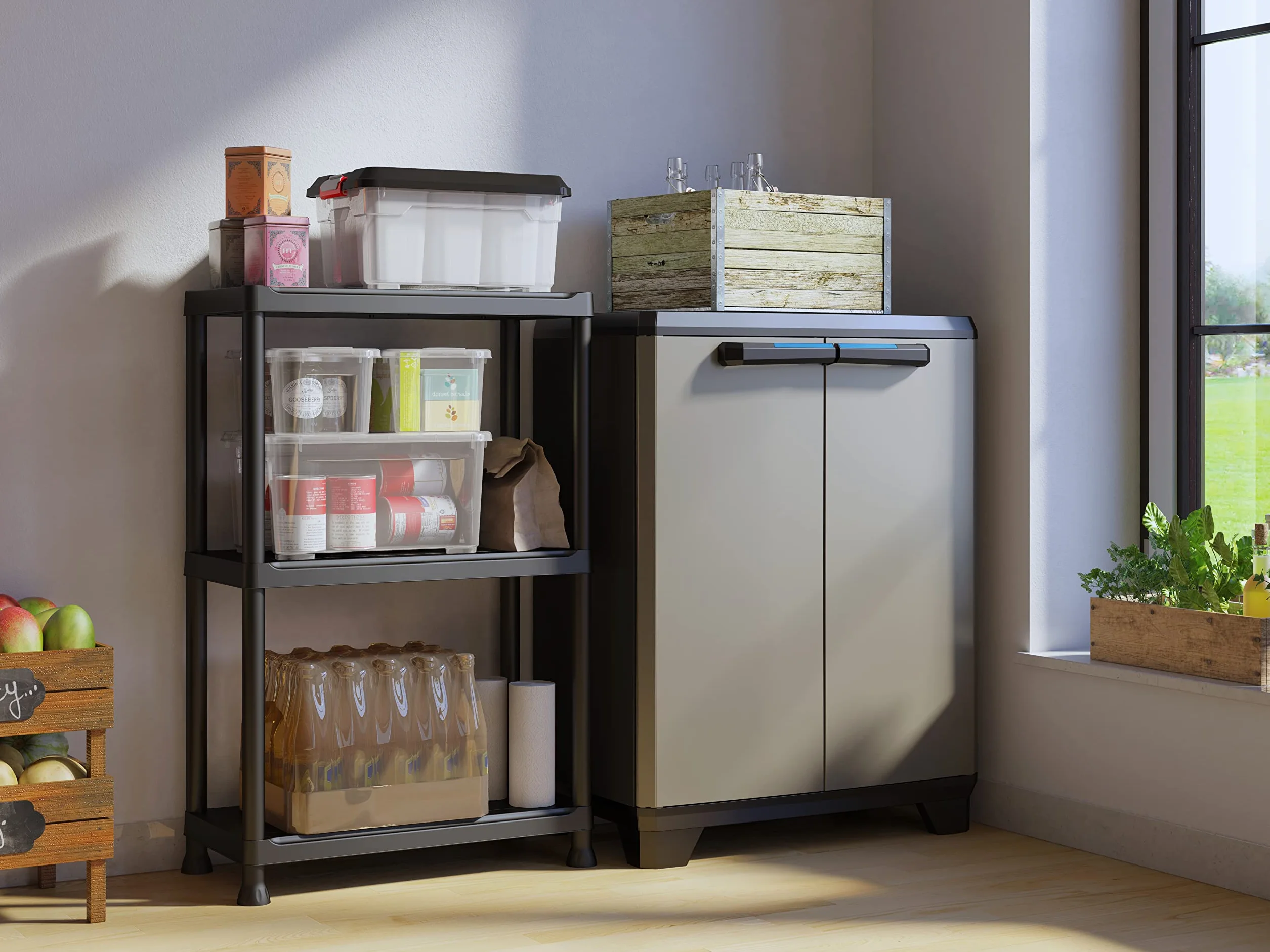 Keter Linear Kunststoffschrank, niedrig, hellgrau/schwarz/blau, 68 x 39 x 90 cm