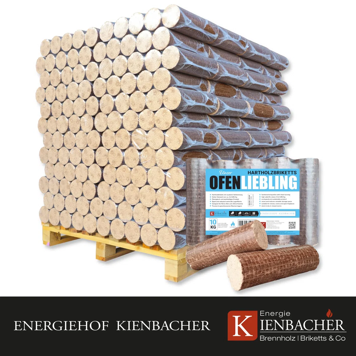 960kg Palette Nestro Premium Hartholzbriketts Kamin Ofen Holz Gluthalter Eiche und/oder Buche PE-Bags Holzbrikett Rund Energie Kienbacher
