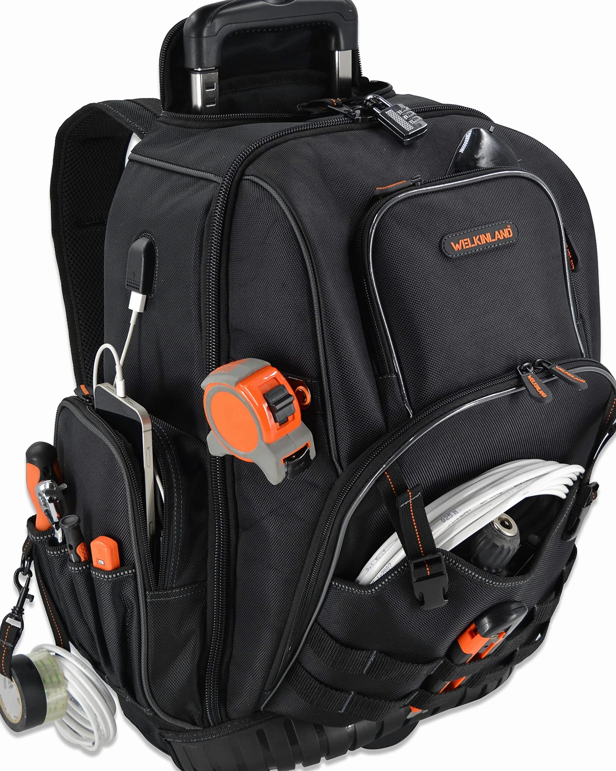 WELKINLAND 72 Taschen Roll-Werkzeug-Rucksack, große Werkzeugtasche mit Rollen, elektrische Tasche mit Rollen für Herren