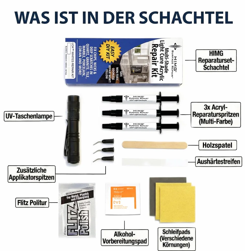Weiß - Reparaturset für Keramik, Mineralguss, Quarz, Marmor, Porzellan, Fliesen - Abplatzer und Oberflächenschäden - HIMG Surface Repair