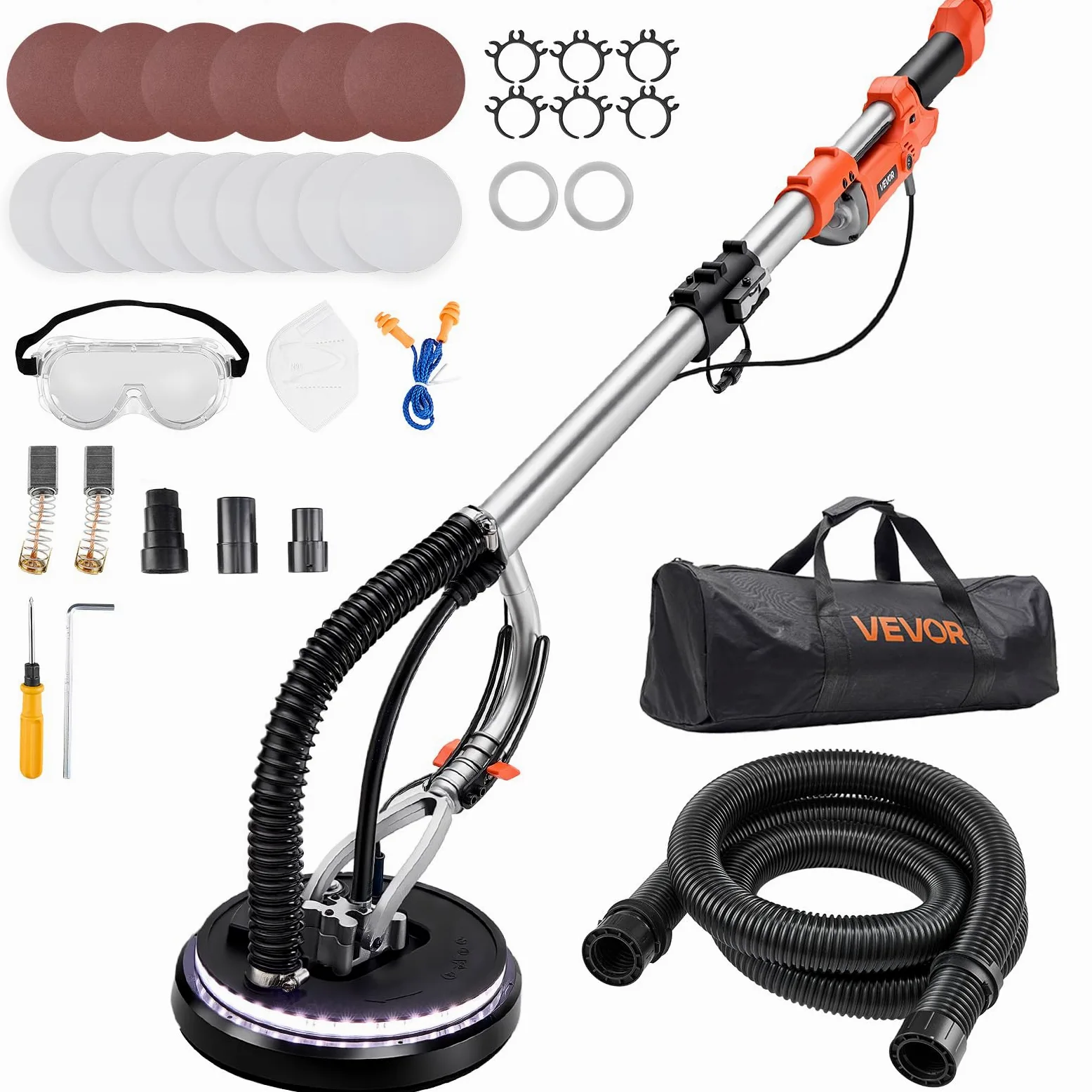 VEVOR Trockenbauschleifer, 1010 W Deckenschleifer mit 255 mm Schleifteller, Langhalsschleifer mit 1000–2200 U/min Drehzahl, Doppelwandiger LED, Ausziehbarem Griff, 15 Schleifscheiben, Staubschlauch