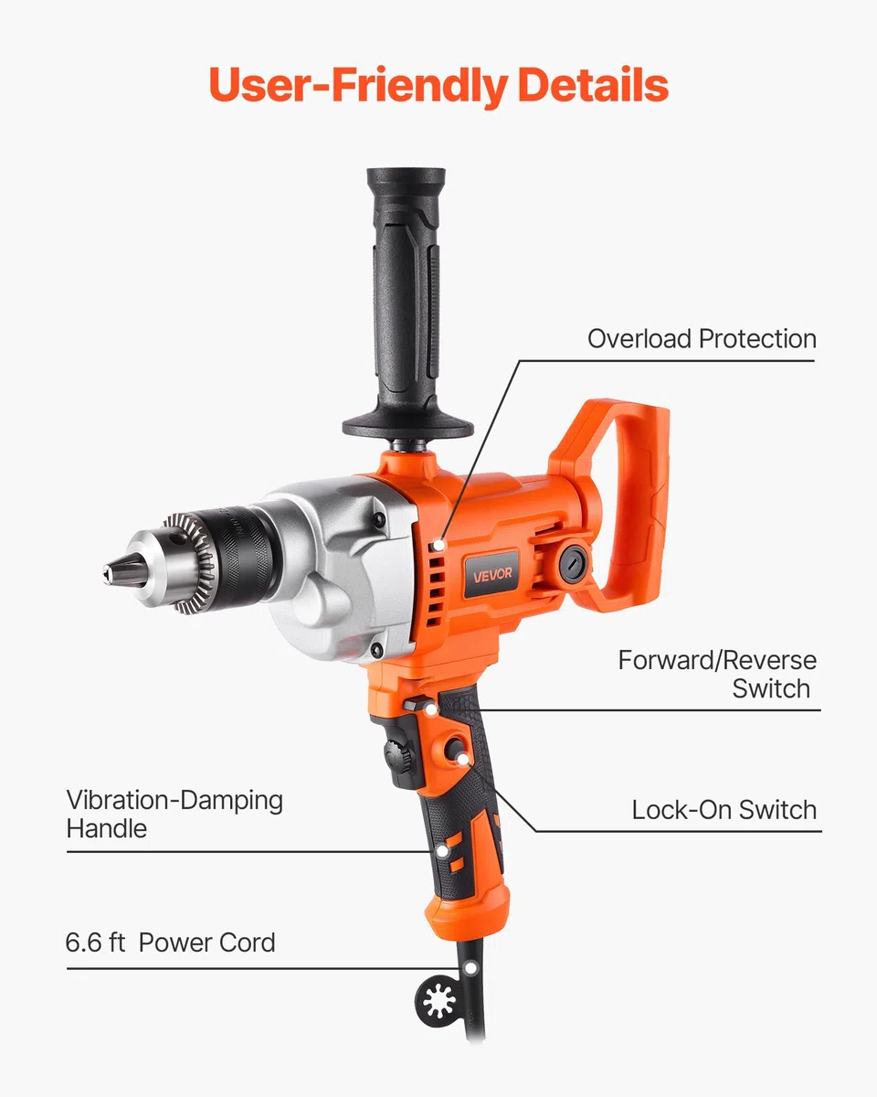 VEVOR elektrische Bohrmaschine 12,7 mm mit Mixer Bohrmaschinenmischer Set 850 U/min 3,2 A Mischbohrmaschine mit D-Griff zum Bohren & Mischen multifunktionale Bohrgerät mit Mischer für Futter Zement