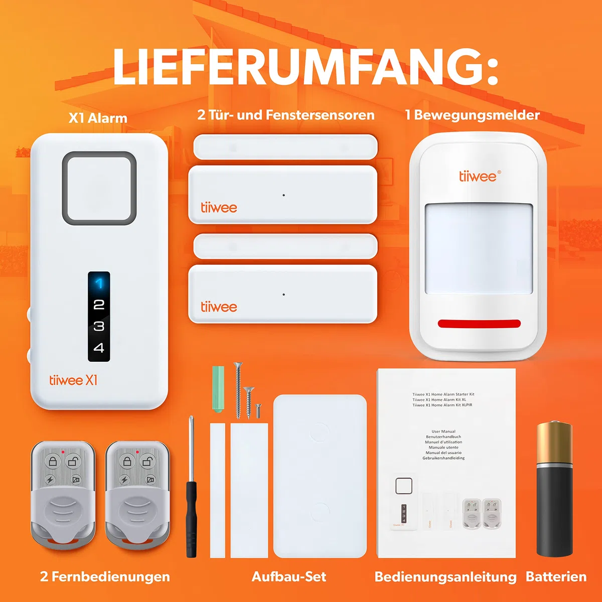 tiiwee Home Alarm System Kit X1 XLPIR - Alarmanlage mit 2 Fenster- oder Tuer Sensoren, 1 Bewegungsmelder und 2 Fernbedienungen - Erweiterbar