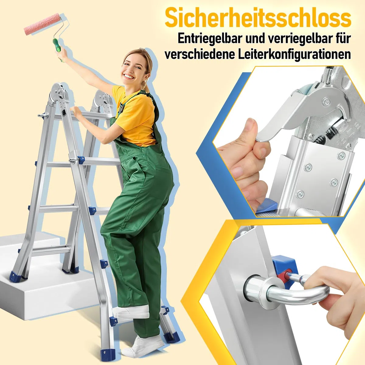 Ikodm Mehrzweckleiter 402cm 4x4 Sprossen Teleskopleiter 3 in 1 Aluleiter Multifunktionsleiter Klappleiter, Anlegeleiter Bockleiter Schiebeleiter beidseitige Steh und Treppenleiter