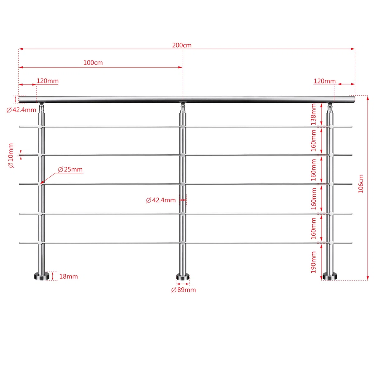 Aica Edelstahl-Geländer 200×106 cm Treppengeländer & Handlauf mit 5 Querstäben für Innen- und Außenbereich Einfache DIY-Montage