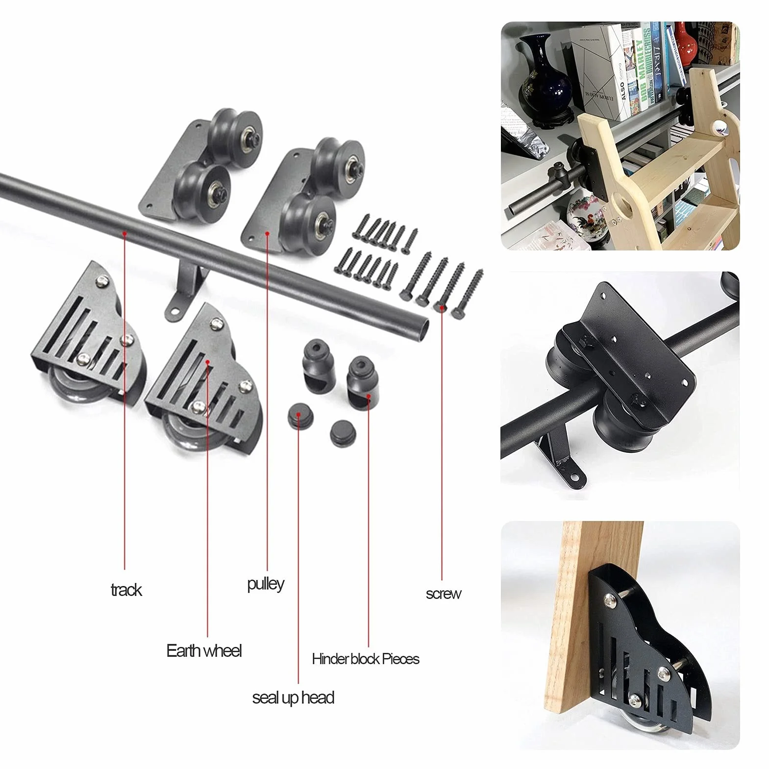Rollende Bibliotheksleiter-Hardware-Kit – vollständiger Satz schwarzer Stahlschienen mit Bodenrollenrädern – 1 m bis 6 m Schiebe-Bibliotheksleiter (ohne Leiter)