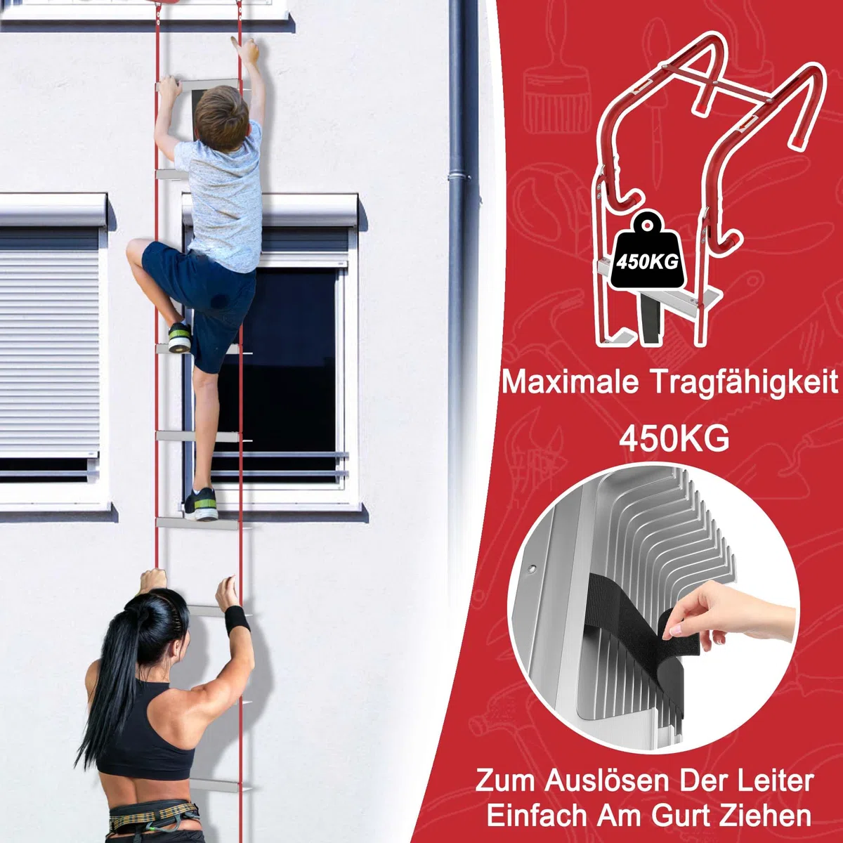 HENGMEI Feuerleiter 15 m Rettungsleiter Strickleiter Feuerfeste Seilleiter Belastbarkeit Mit Haken Notfeuerleiter Fluchtleiter Tragbar Universelles Befestigungssystem bis 450 kg