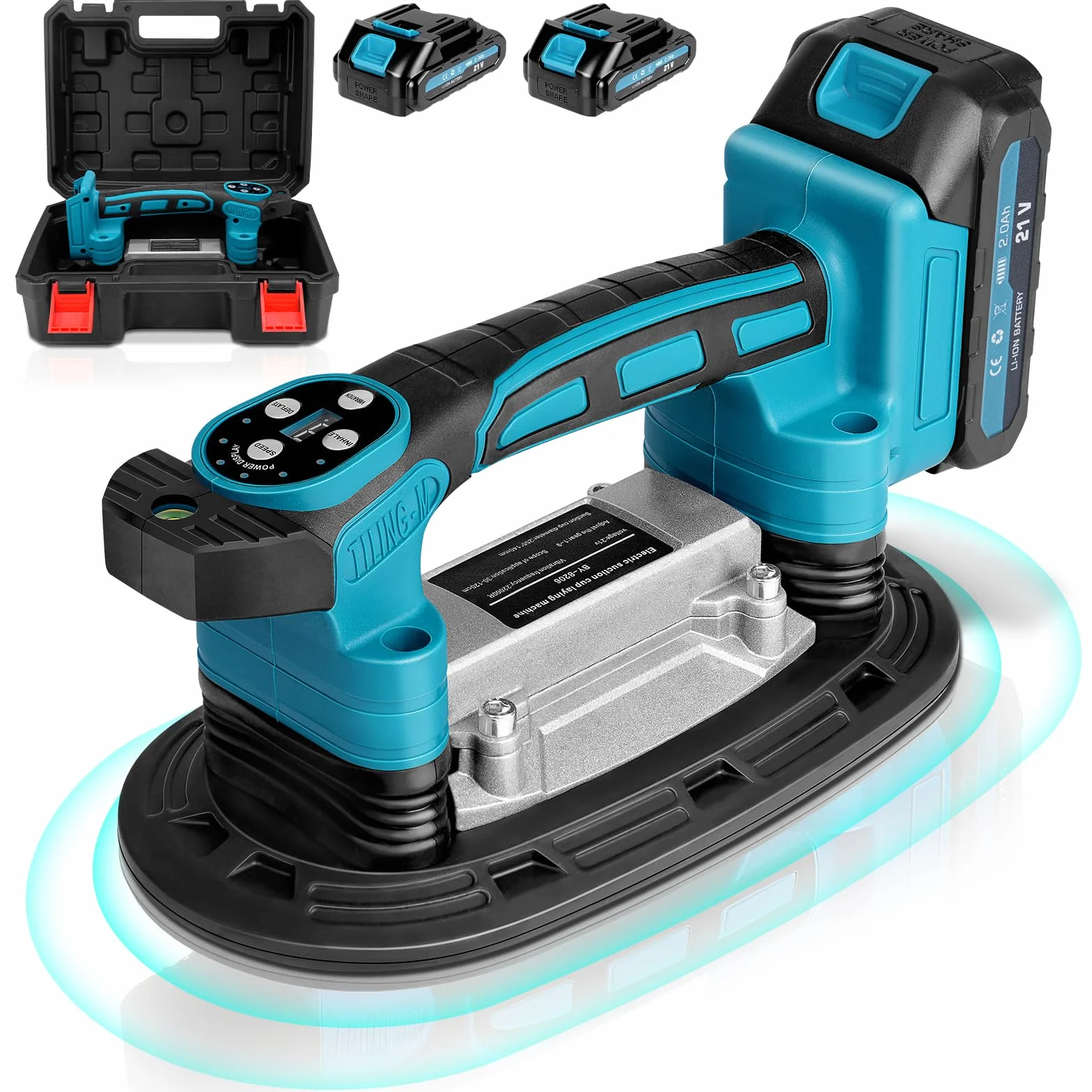 2 IN 1 Akku Fliesenrüttler & Saugnäpfen mit 2x2000mAh Akkus, Fliesenvibrator mit 22.5x12 Saugnapf | 250KG Adsorption | 9 Gang Einstellbaren 25000u/min Fliesenmaschine für 0.3-1.8m Fliesen Wandfliesen