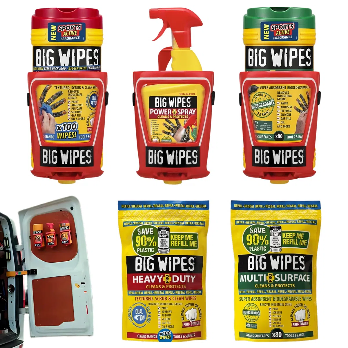 The Big Wipes Van System, All-in-1 Regal-Dosier- und Reinigungssystem, einfache Befestigung, Van montierbar, komplettes Set, reinigt Oberflächen, Werkzeuge und Hände, Industrietücher + Power-Spray + 3