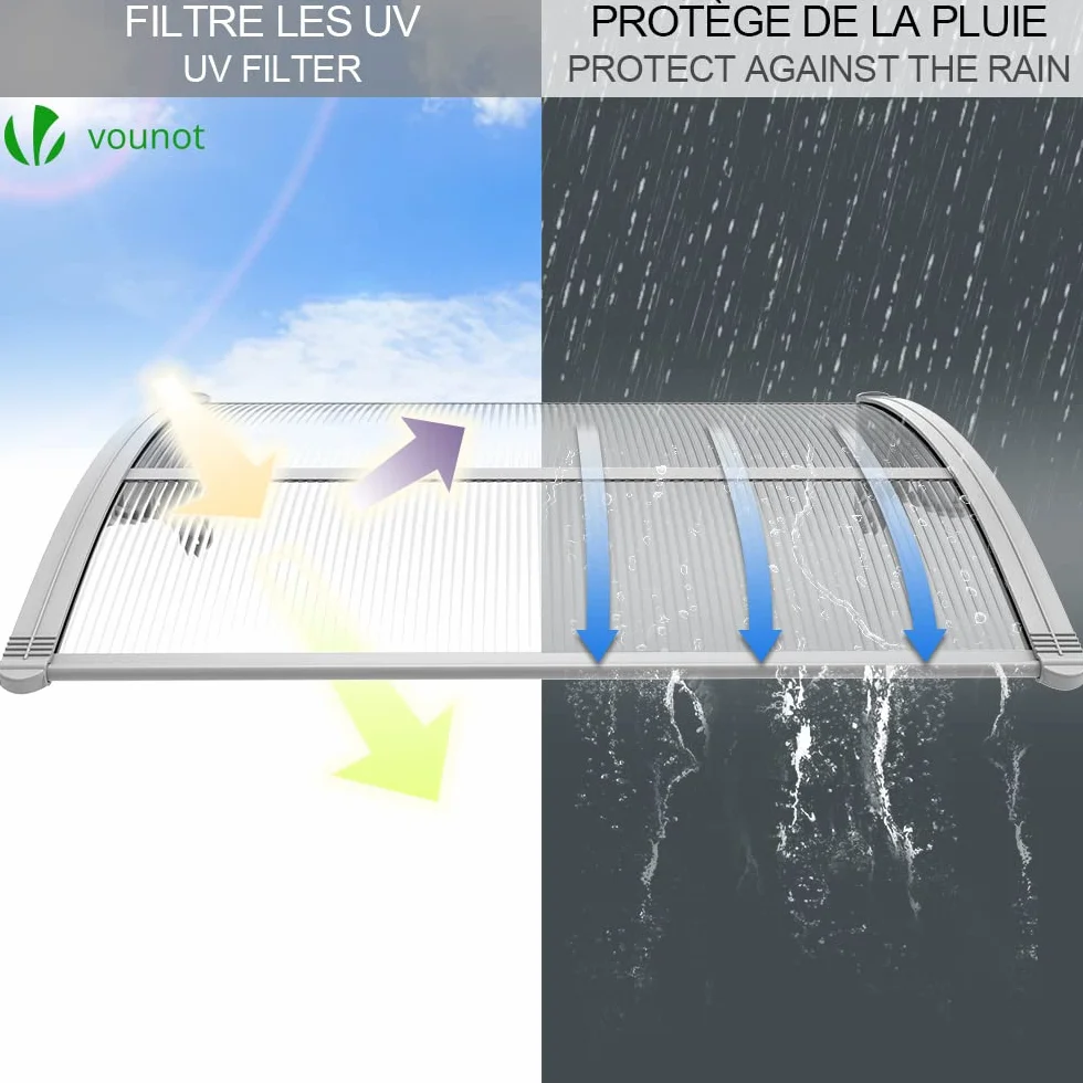 VOUNOT Vordach für Haustür 120 x 80 cm, Überdachung Haustür aus Aluminium und Polycarbonat, Transparentes Pultbogenvordach, Pultvordach
